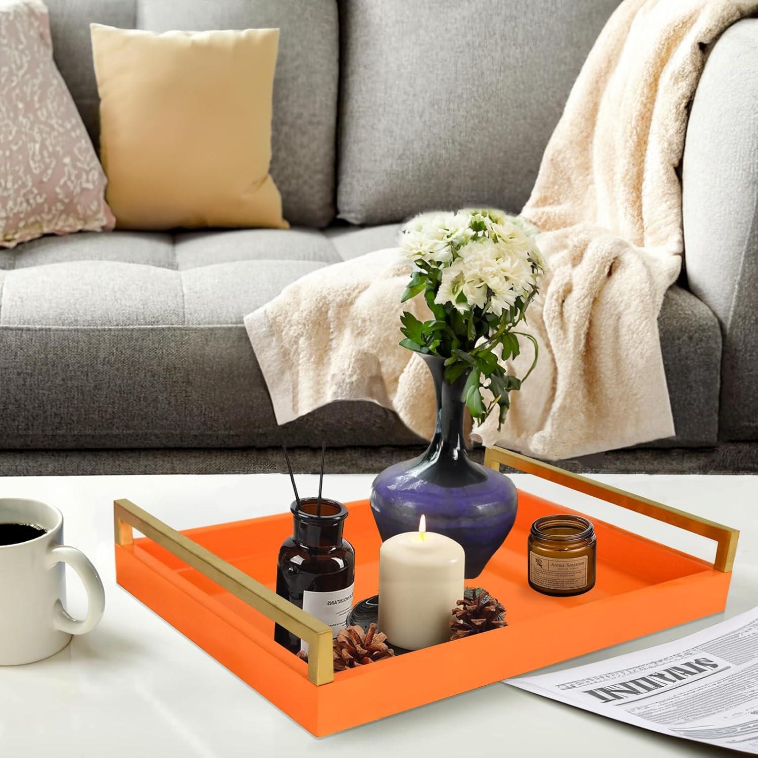 MAONAME Decorative Tray, Orange Serving Tray with Handles, Coffee Table Tray, Square Plastic Tray for Ottoman, Bathroom, Kitchen, 13"x13"x1.57"