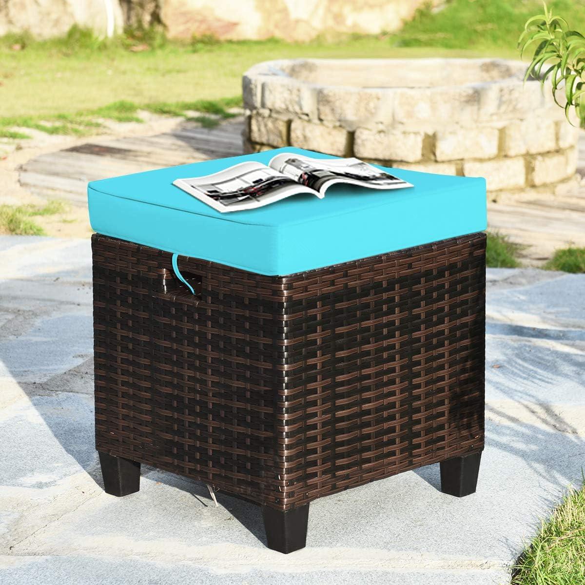 Costway 2PCS Patio Rattan Ottoman Cushioned Seat w/ Foot Rest Turquoise