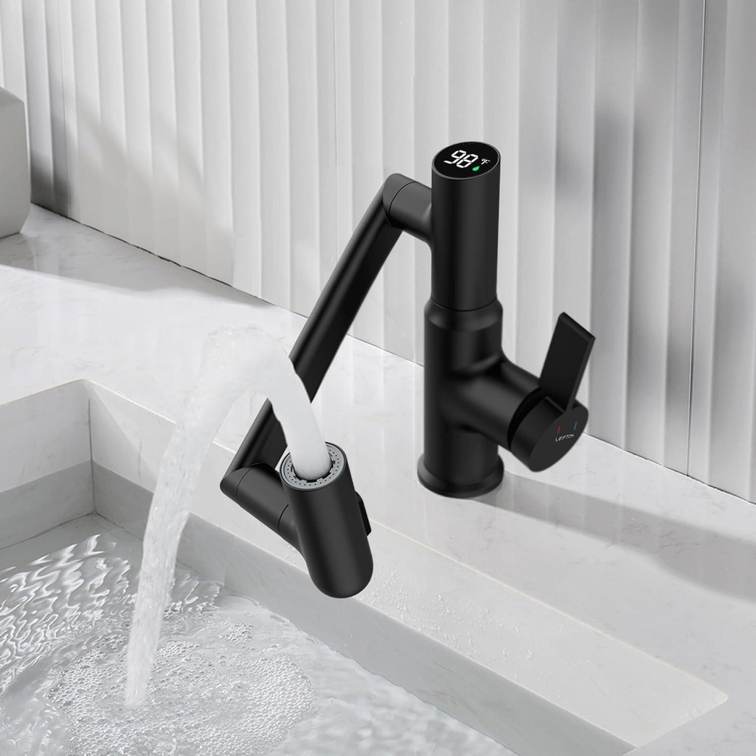 Lefton BF2204-3 Lefton Rotatable Single Hole Bathroom Faucet with Temperature Display BF2204