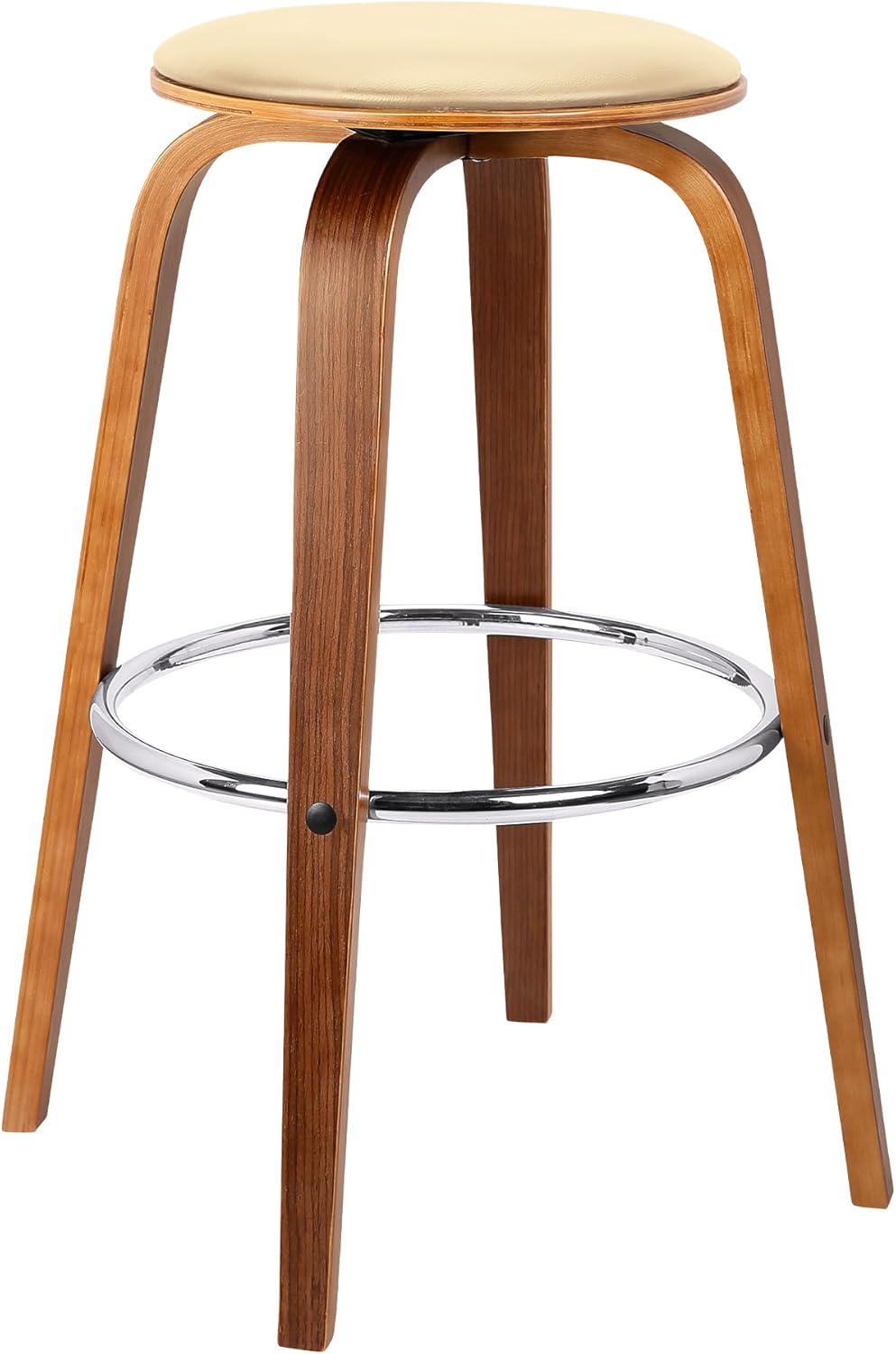 Cream and Walnut Swivel Backless Mid-Century Modern Bar Stool