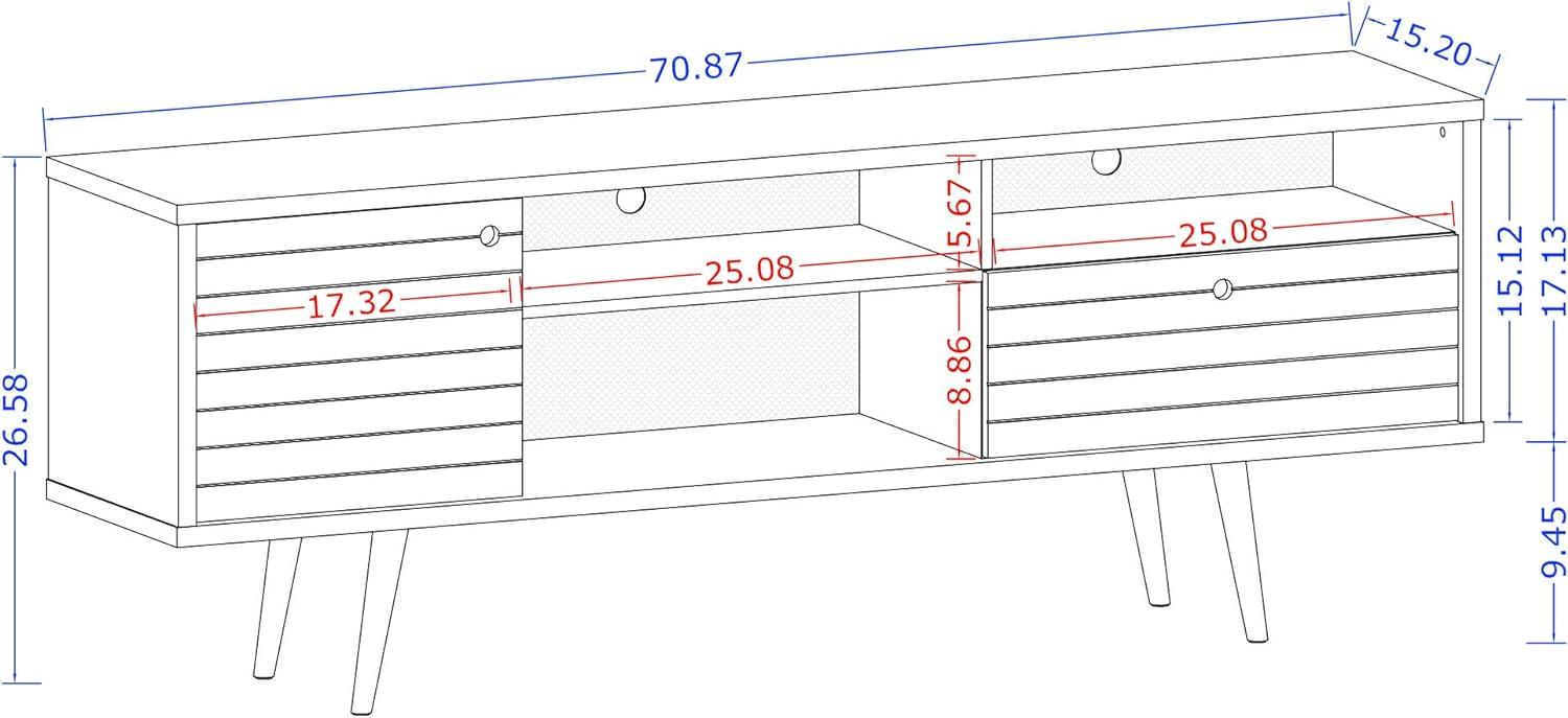 Manhattan Comfort 202AMC94 Liberty 70.86 in. Mid Century - Modern TV Stand with Solid Wood Leg 4 Shelving Spaces & 1 Drawer in Rustic Brown & Yellow