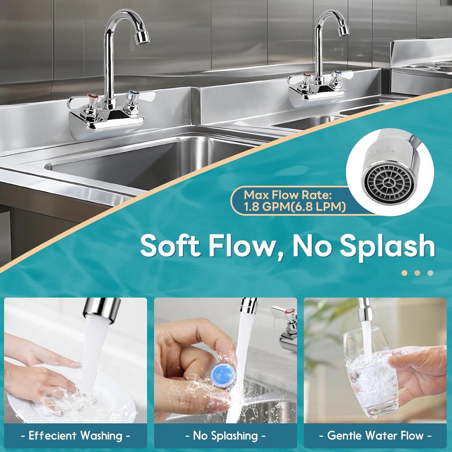 KWODE 4 Inch Center Commercial Hand Sink Faucet with 3-1/2”Gooseneck Spout, Dual Lever Handle Wall Mount Kitchen Sink Faucet, Brass Constructed, Chrome