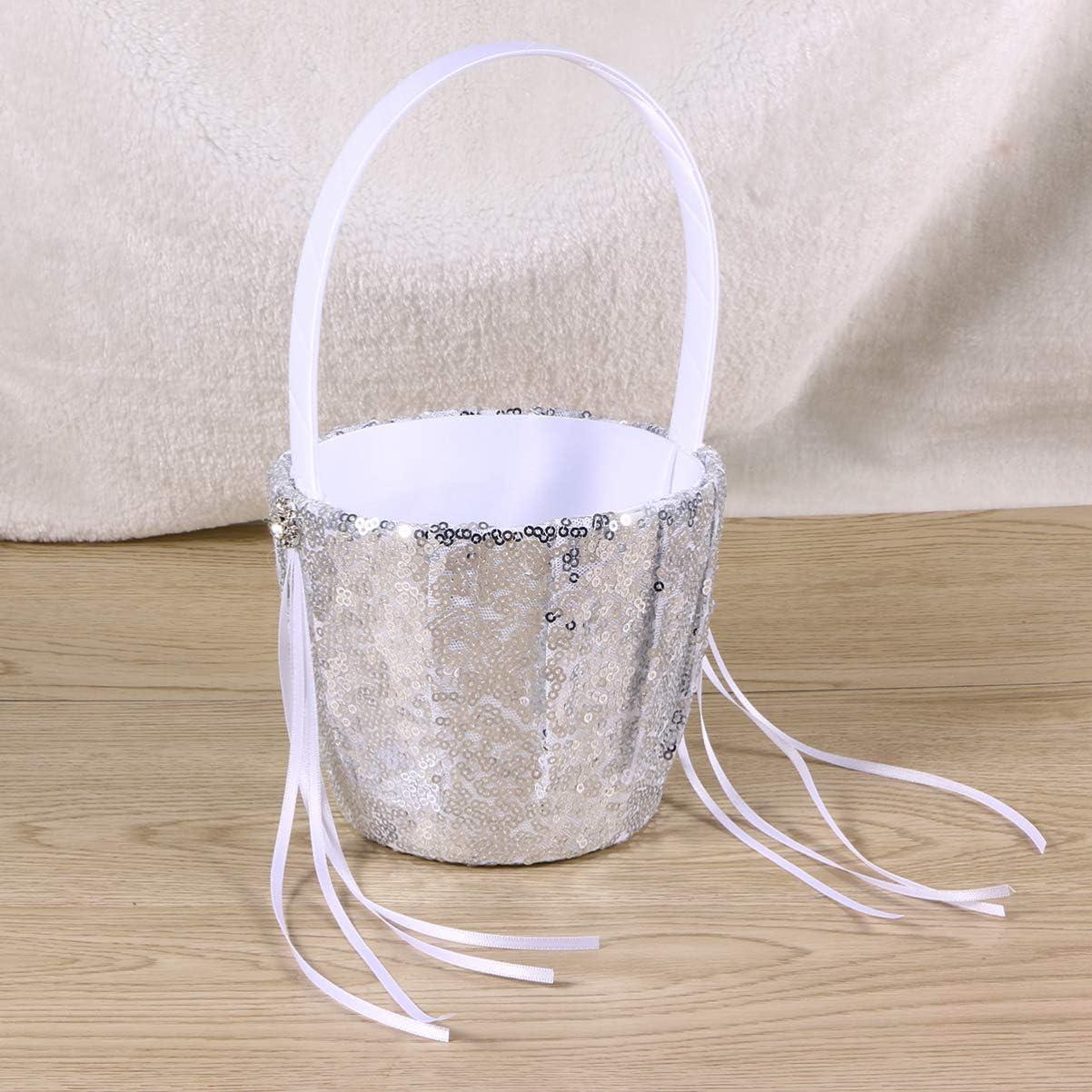 Vintage Wedding Flower Girl Basket with Sequins Ribbon Decor Silver