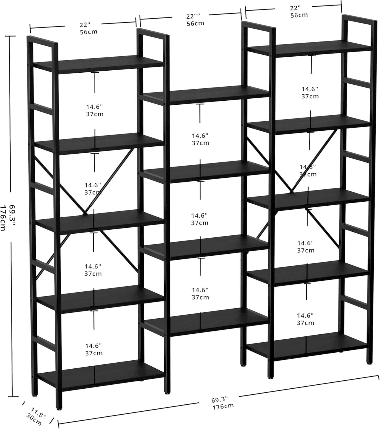 Triple Wide Industrial Black Metal and MDF Bookshelf