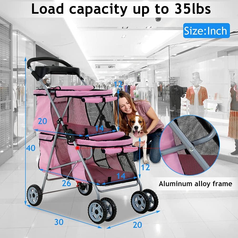 FDW 4 Wheel Pet Stroller Folding Dog Cat Stroller for Small and Medium Pets with Storage Basket Double Decker & Mesh Windows