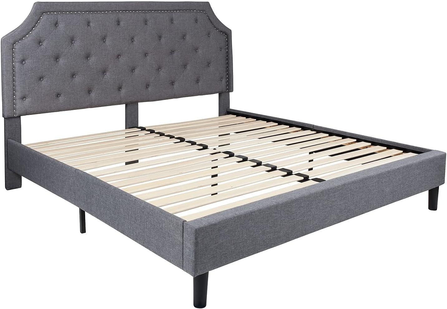 Elegant King-Sized Light Gray Upholstered Platform Bed with Nailhead Trim