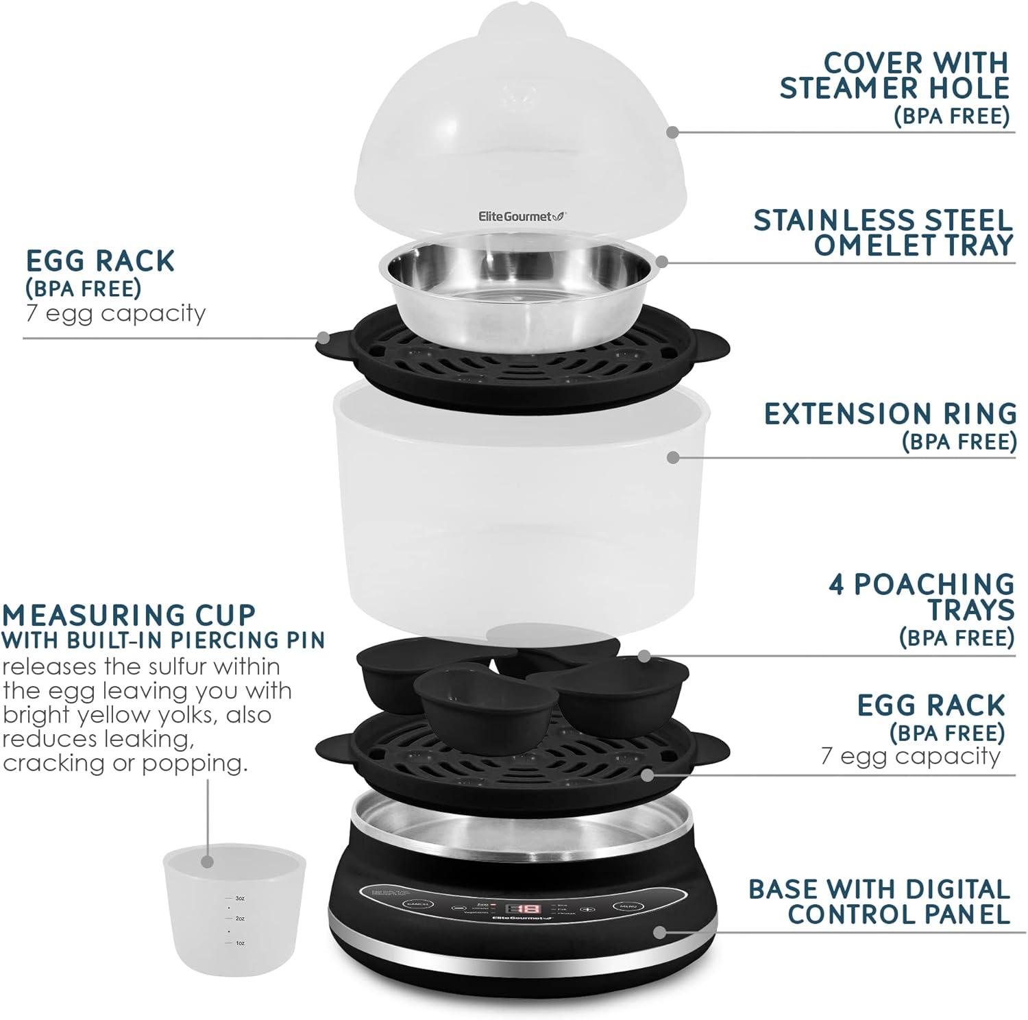 Elite Gourmet Black Digital 2-Tier Egg Cooker and Steamer