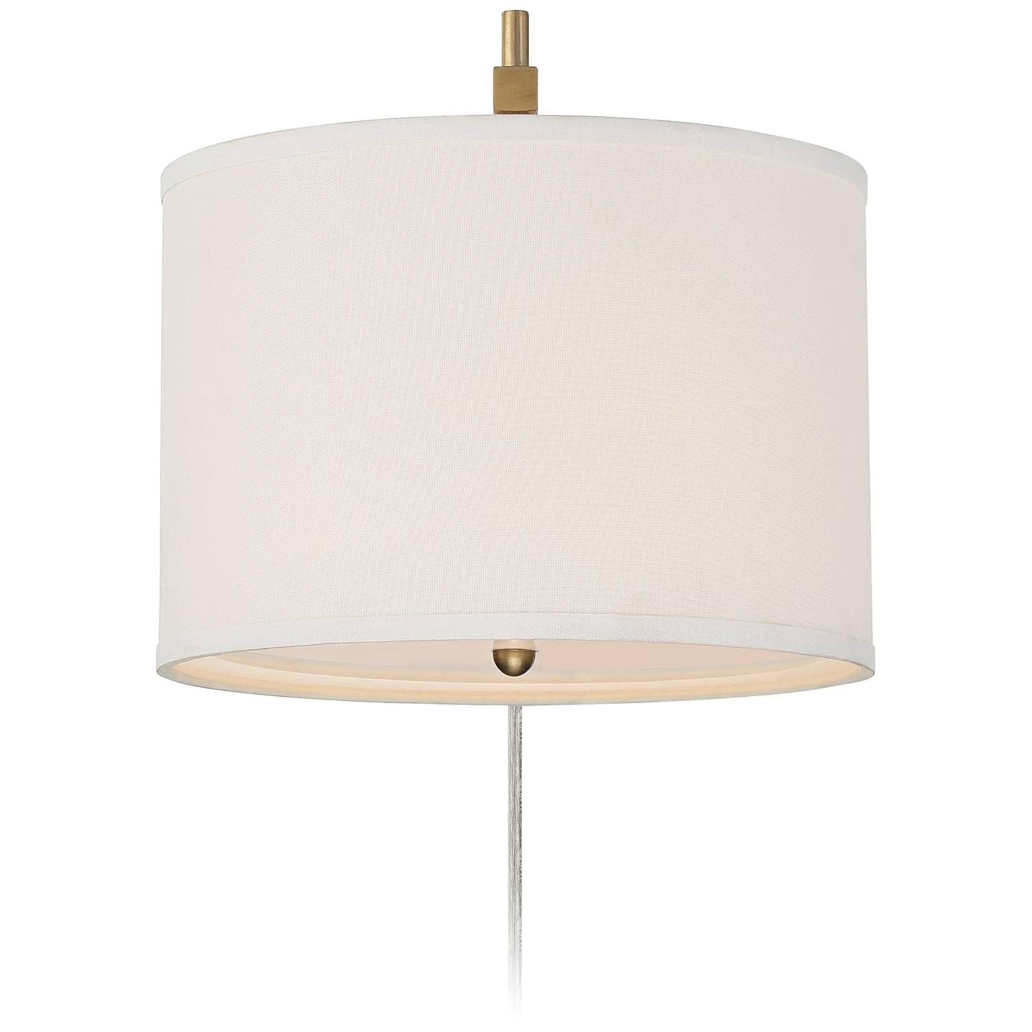 360 Lighting Adair Modern Wall Lamps Set of 2 Warm Brass Metal Plug-in 12" Light Fixture Linen Drum Shade for Bedroom Reading Living Room Hallway Home