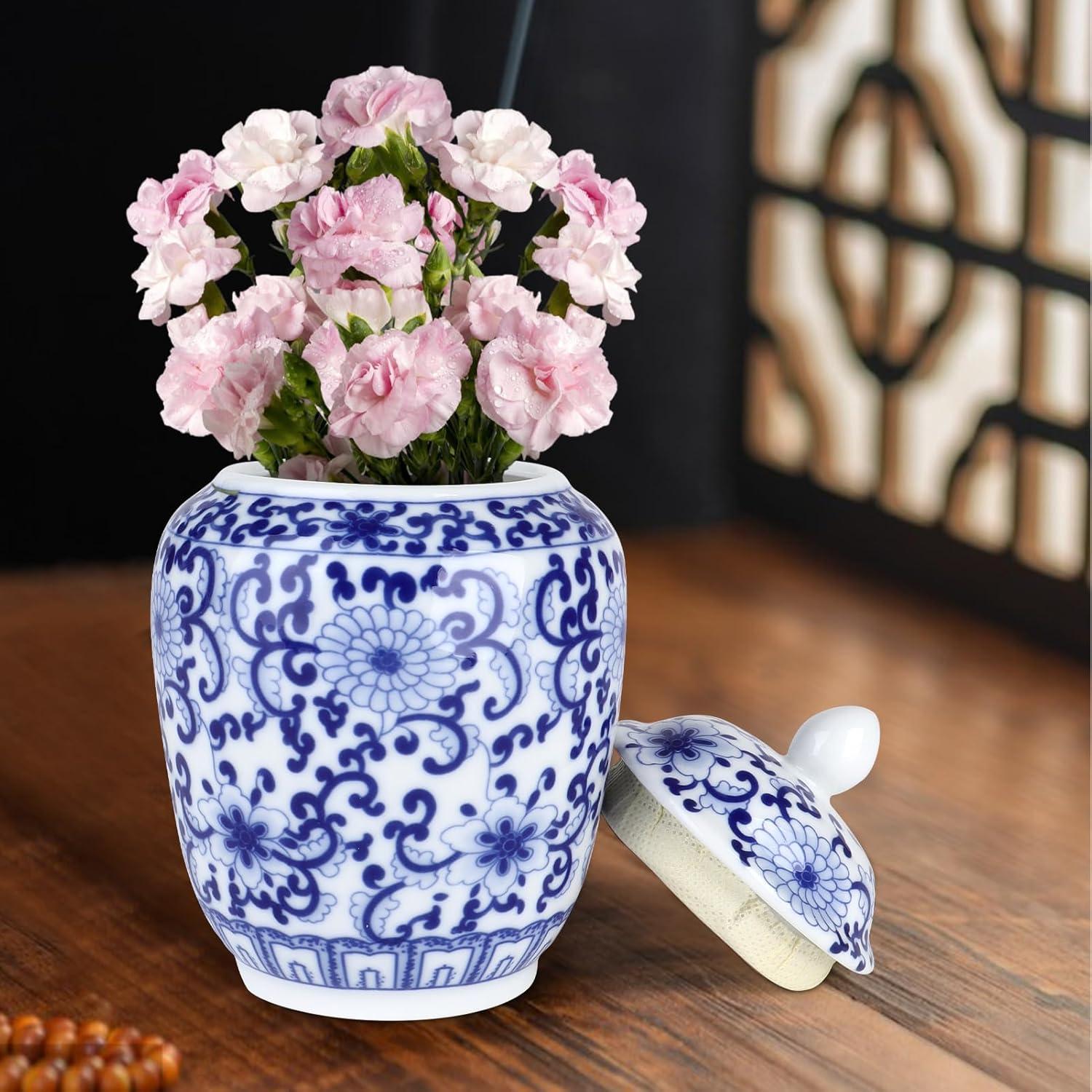 Ceramic Ginger Jar, Porcelain Jars Chinoiserie Vintage Style with Lid Chinese Vase Asian Ginger Jar for Wedding Table Decoration Party Home, Style A