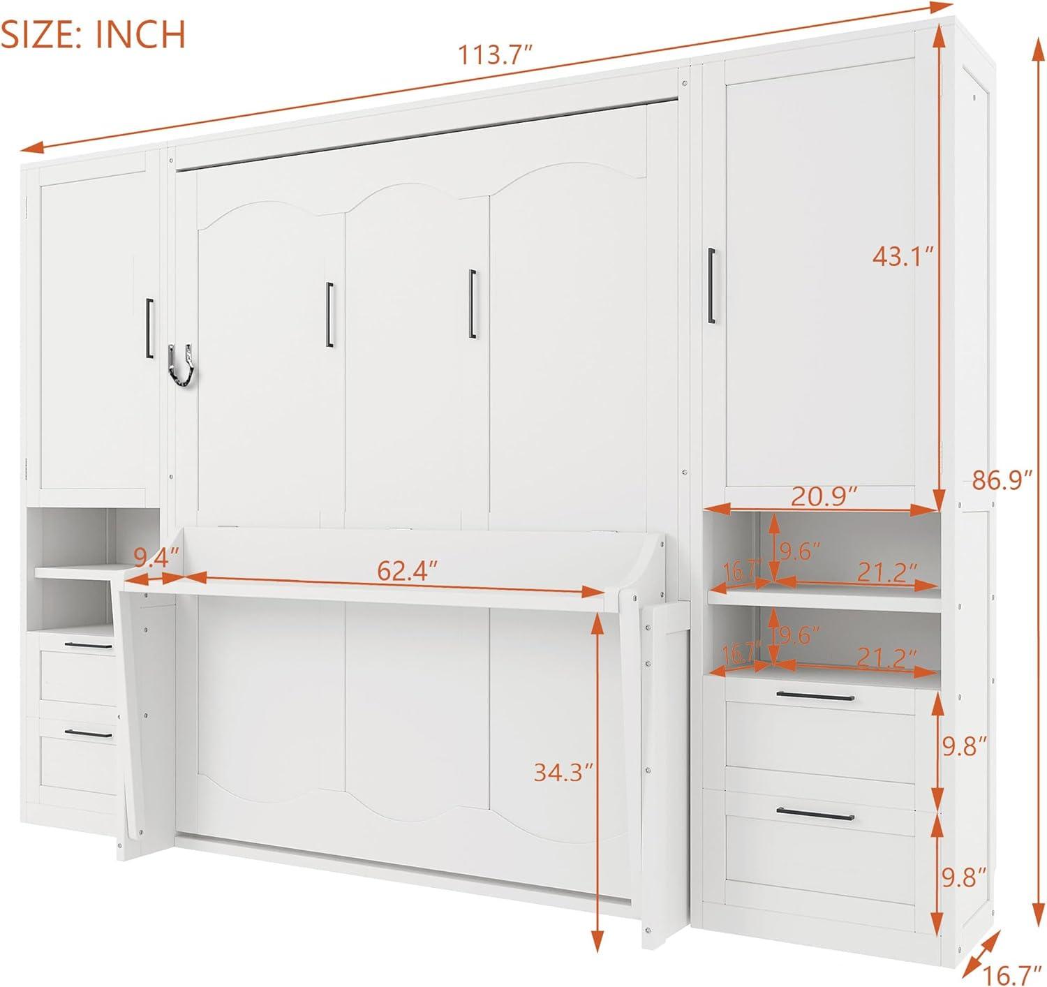 Harper & Bright Designs Queen Size Murphy Bed, Wooden Queen Wall Bed with Closet, Drawers and Shelves, White