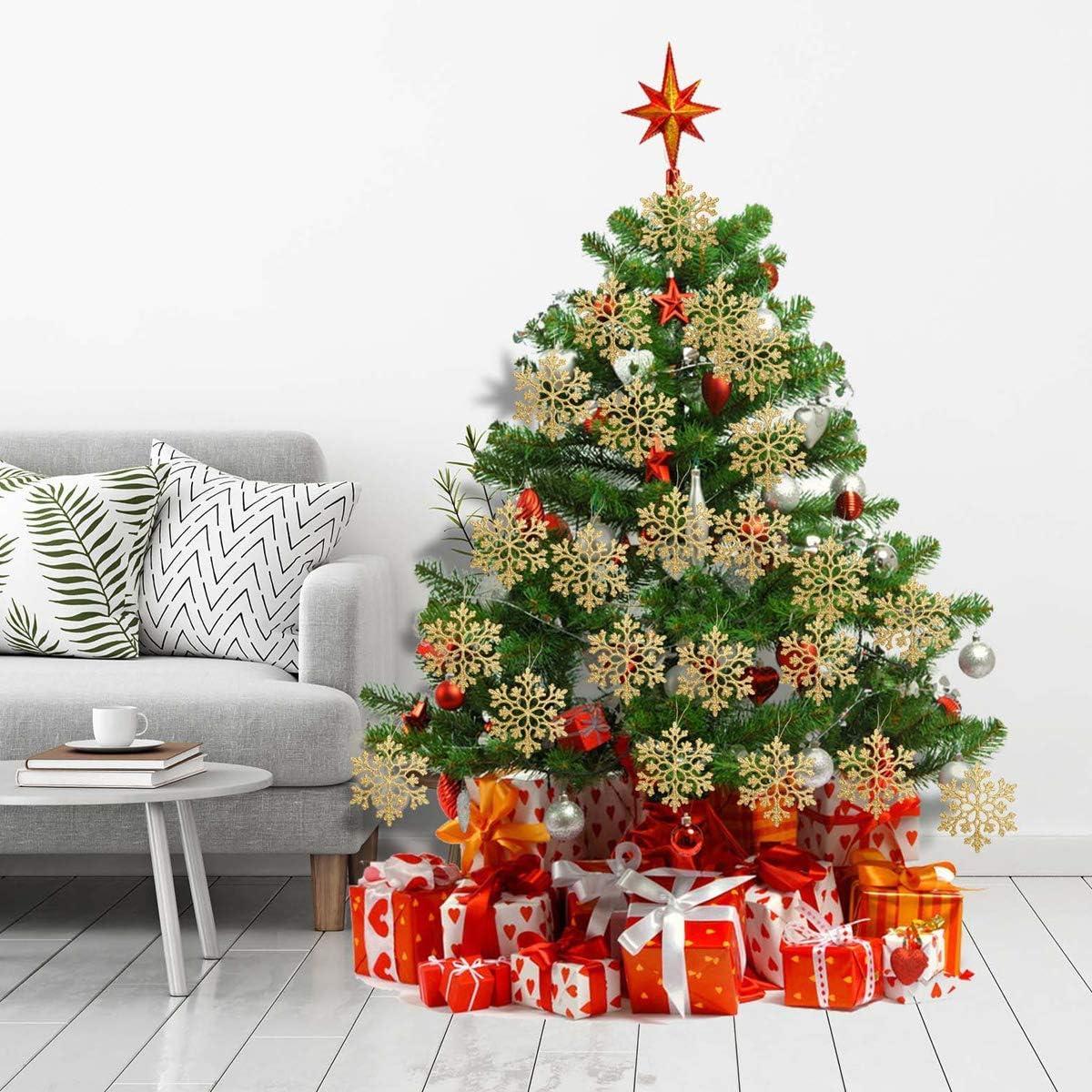 DearHouse 36Pcs Christmas Glitter Snowflake Ornaments, 4 Inch Plastic Snowflake Christmas Tree Ornaments Decorations for Winter Wonderland Christmas Party Decorations, Gold