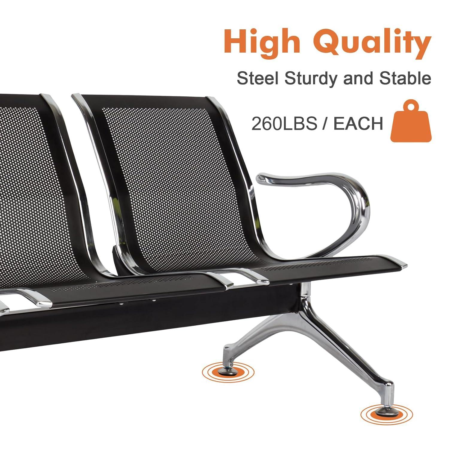 Kinbor Waiting Room Chairs, 3-Seat Reception Chairs Office Guest Waiting Furniture Bench Seating for Airport Bank Hospital, Black