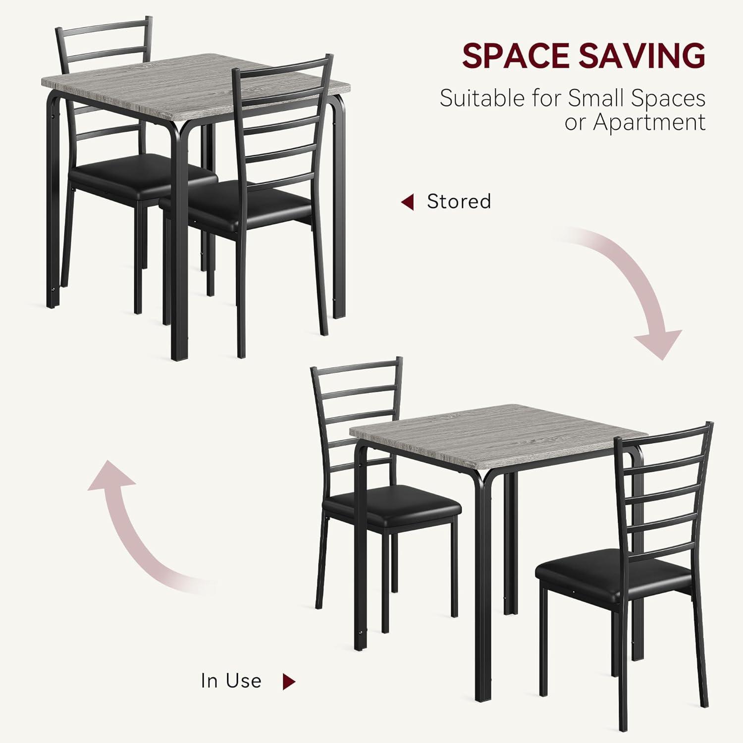 Yartaka Small Dining Table Set for 2, 3 Piece Kitchen Bar Dinette Square, with PU Padded Chairs, Gray