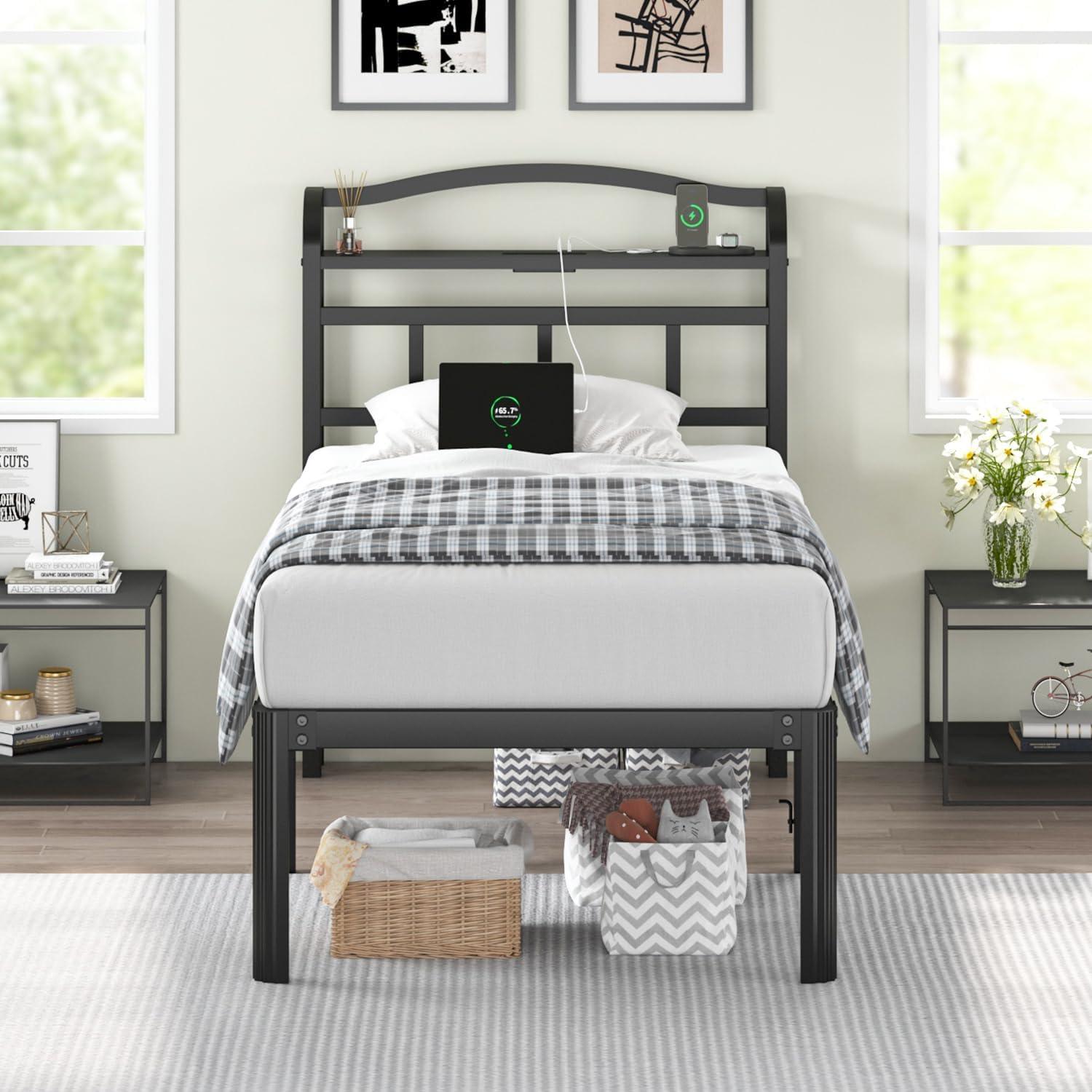 Twin Black Metal Bed Frame with Charging Station and Storage