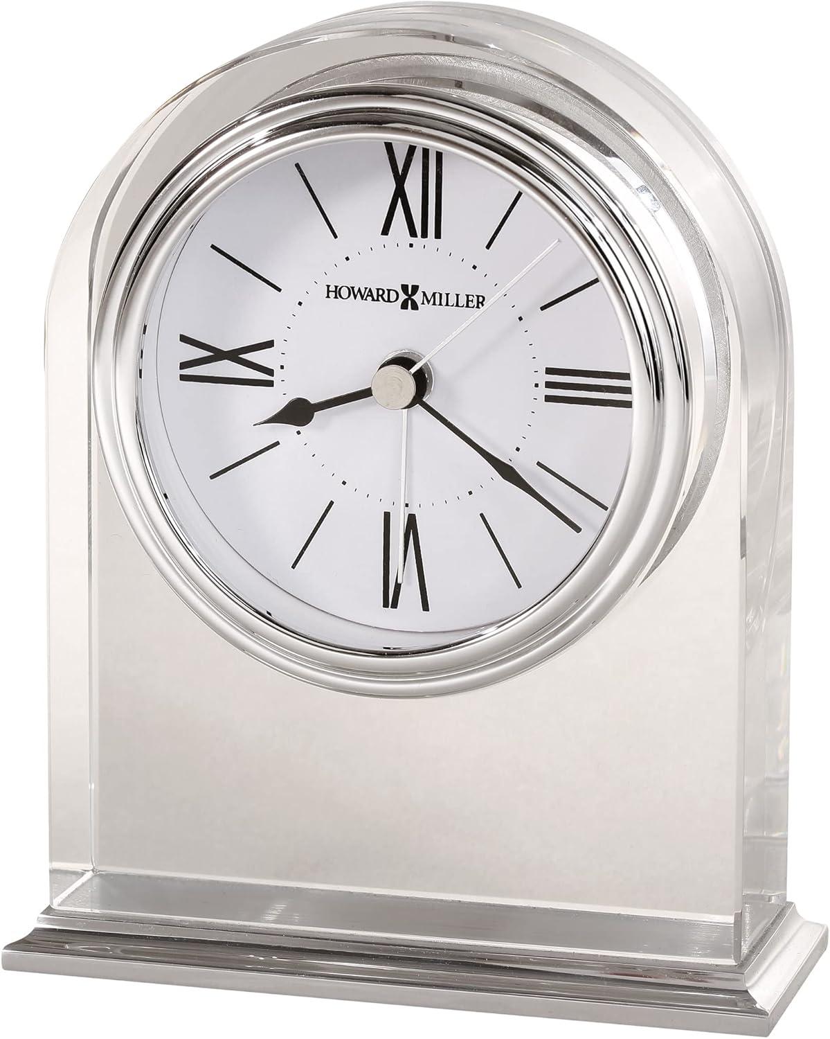 Howard Miller® Optica Modern & Contemporary Roman Numeral Crystal Quartz Movement / Crystal Tabletop Clock with Alarm in Brushed And Polished Aluminum Base/Polished Silver-Tone Waterfall Bezel