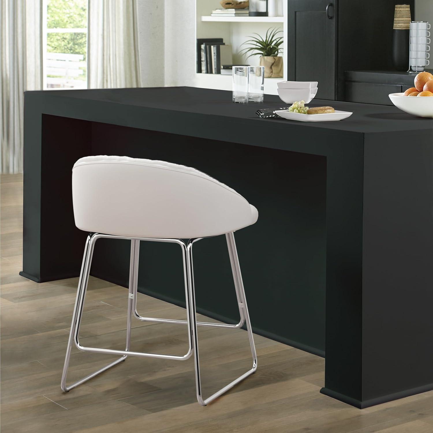 Modern Chrome Metal Counter Stool with White Faux Leather