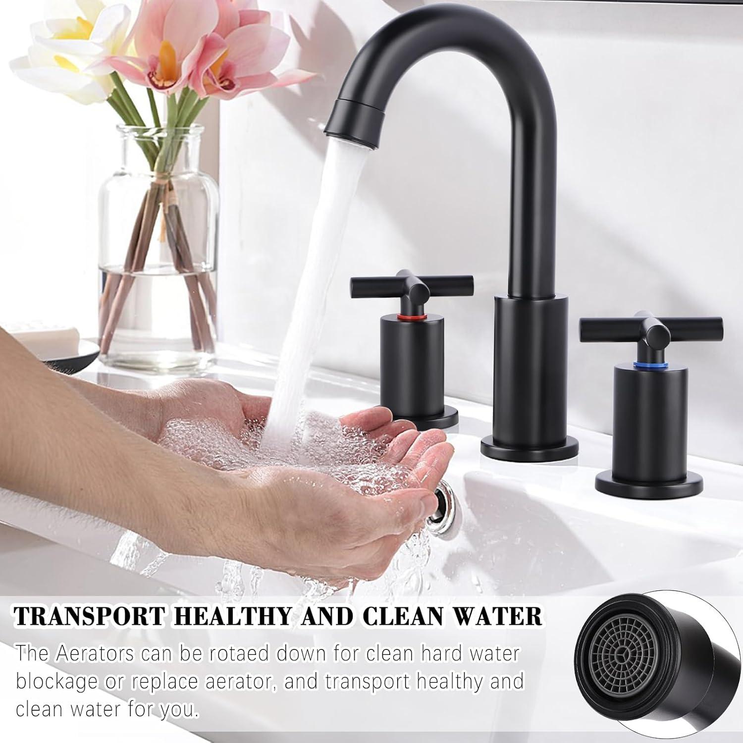 Bathroom faucet 3-hole, 8-inch wide bathroom faucet, pop-up drain, bathroom sink faucet, 360° rotating spout, 2-handle vanity faucet, water supply hose