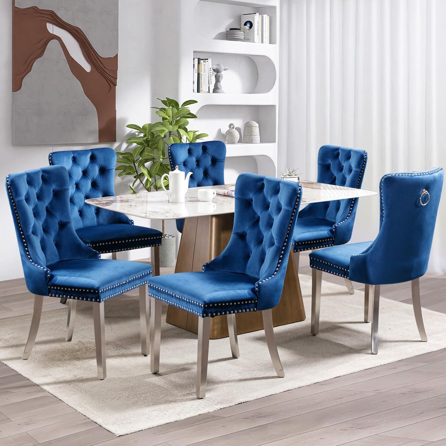 SoarFlash Velvet Dining Chair Set of 4, Upholstered Tufted Dining Room Chair with Nailhead Trim and Solid Silver Plated Leg for Kitchen (Blue)
