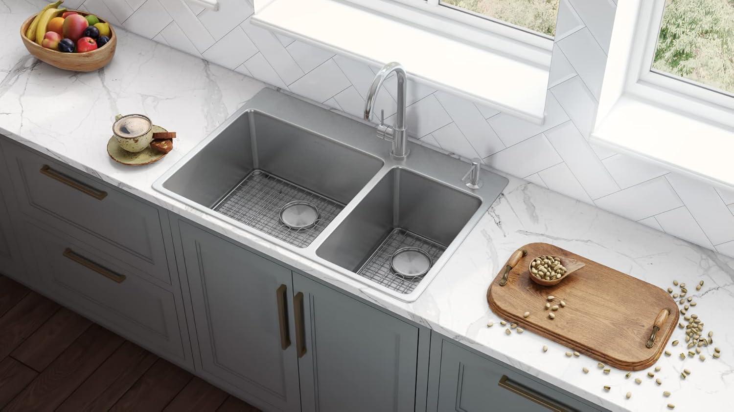 Ruvati 33 x 22 inch Drop-in Topmount Kitchen Sink 16 Gauge Stainless Steel 30/70 Double Bowl