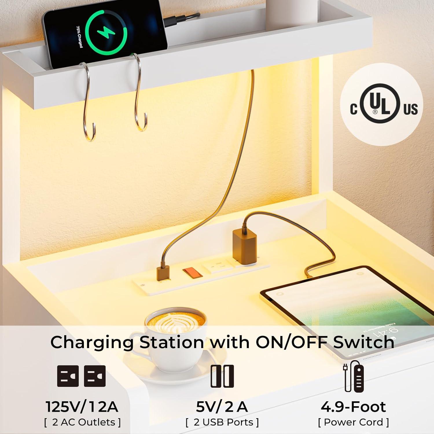 Nightstand with LED Lights and Charging Station, 2 Drawers Bedroom Night Stand, 2 USB Ports, 2 Outlets, Bed Side Table with Storage Shelves, White