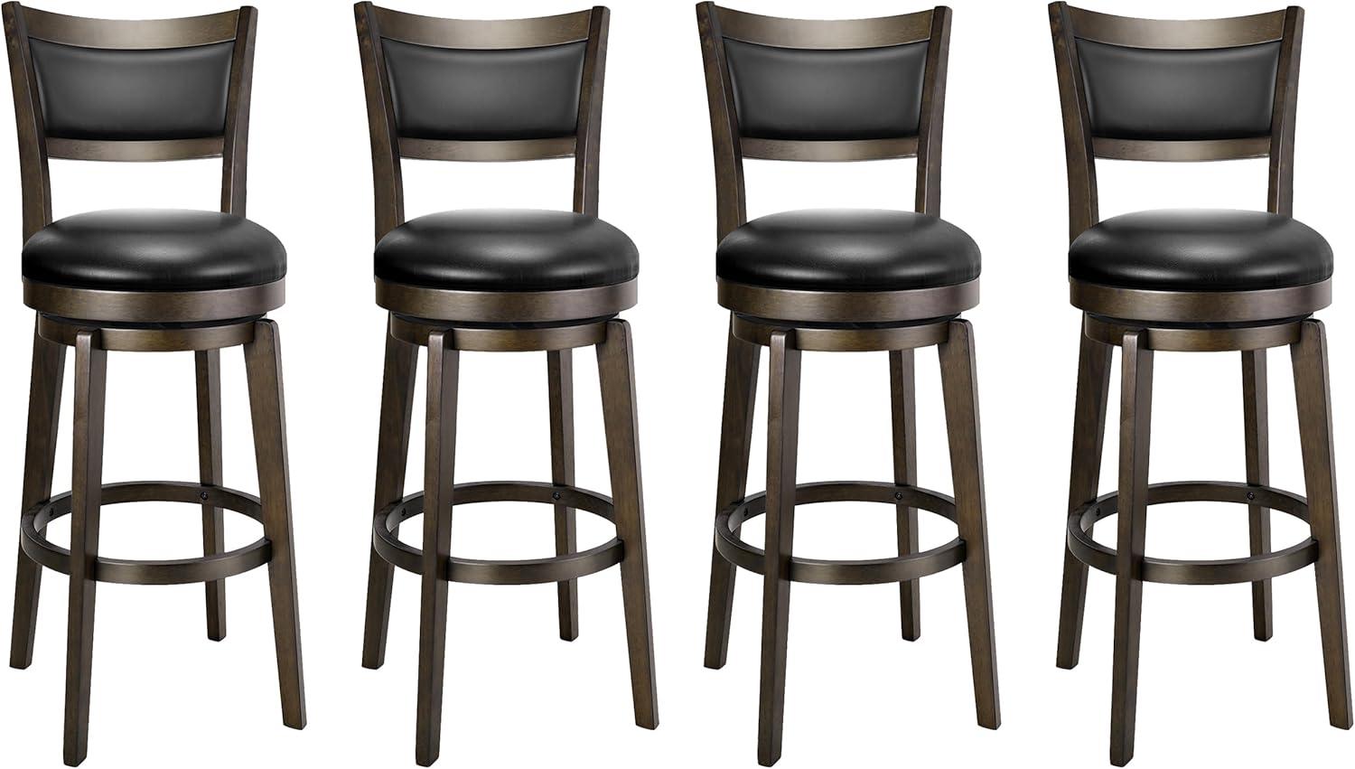 30" Walnut Swivel Bar Stools with Black Faux Leather Seats, Set of 4