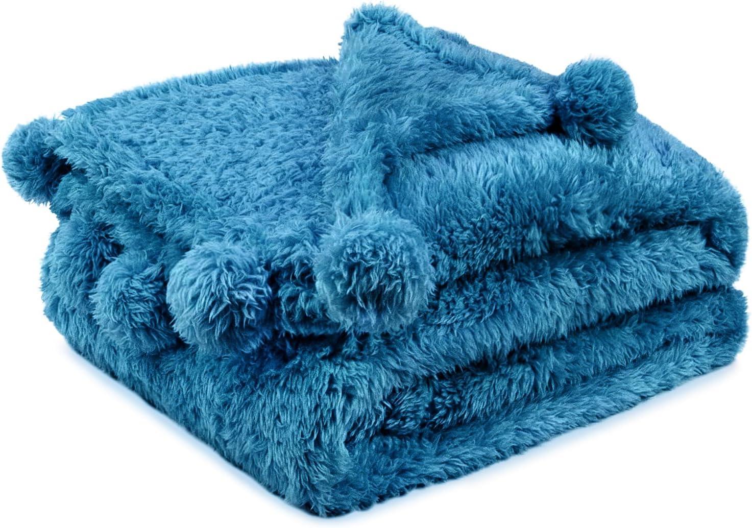 PAVILIA Fluffy Throw Blanket with Pompom, Lightweight Soft Plush Cozy Warm Pom Pom Fringe for Couch Sofa Bed