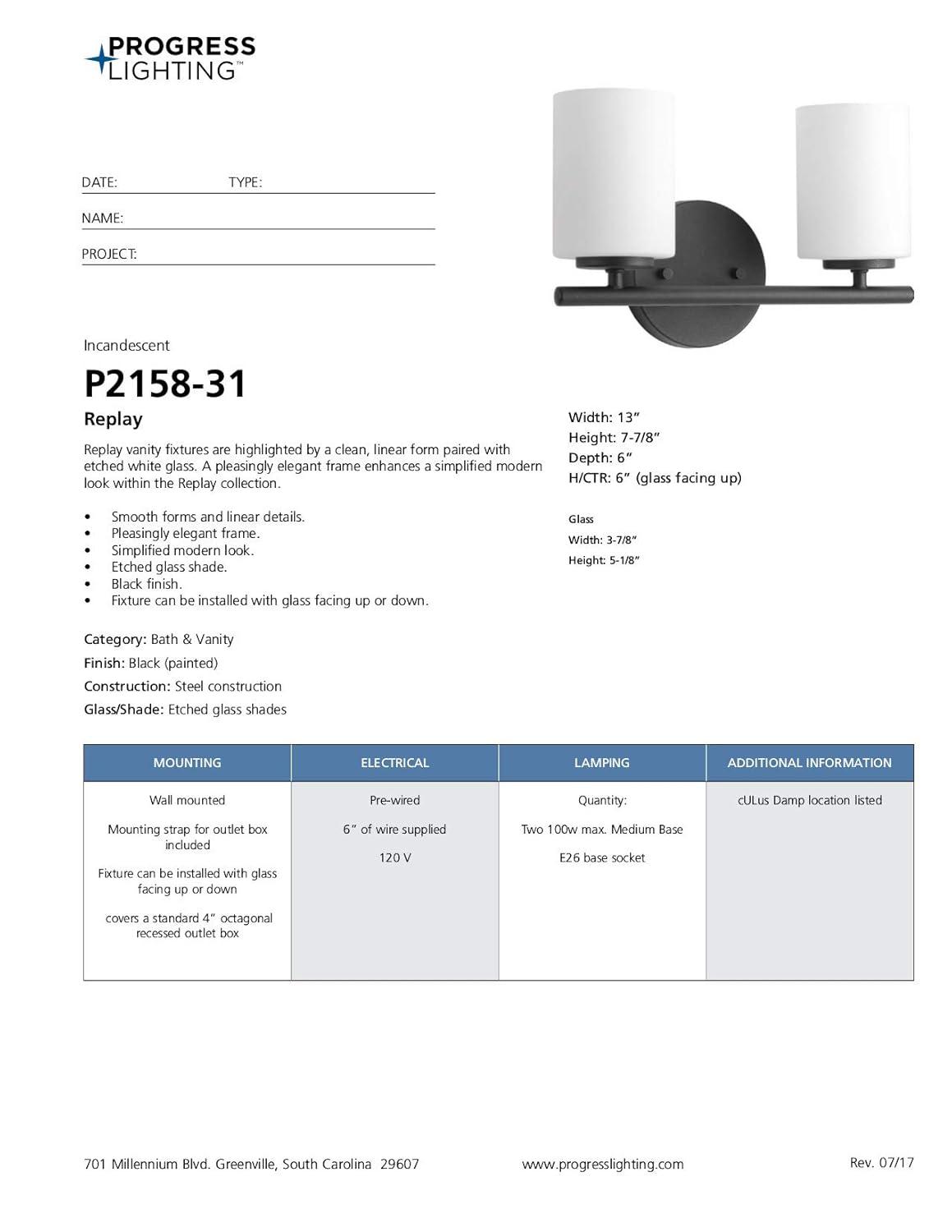 Progress Lighting Replay 2-Light Bath Vanity, Porcelain, Textured Black, Shade Included