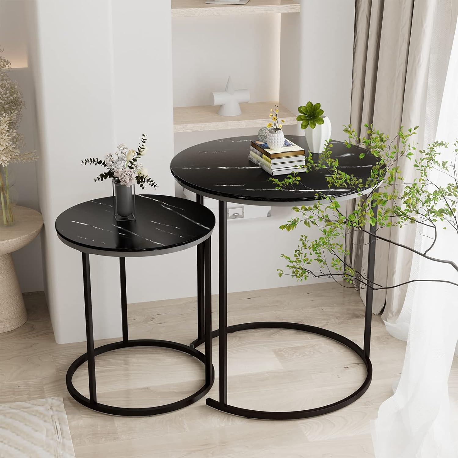 Black Marble Nesting Coffee Table Set with Metal Frame