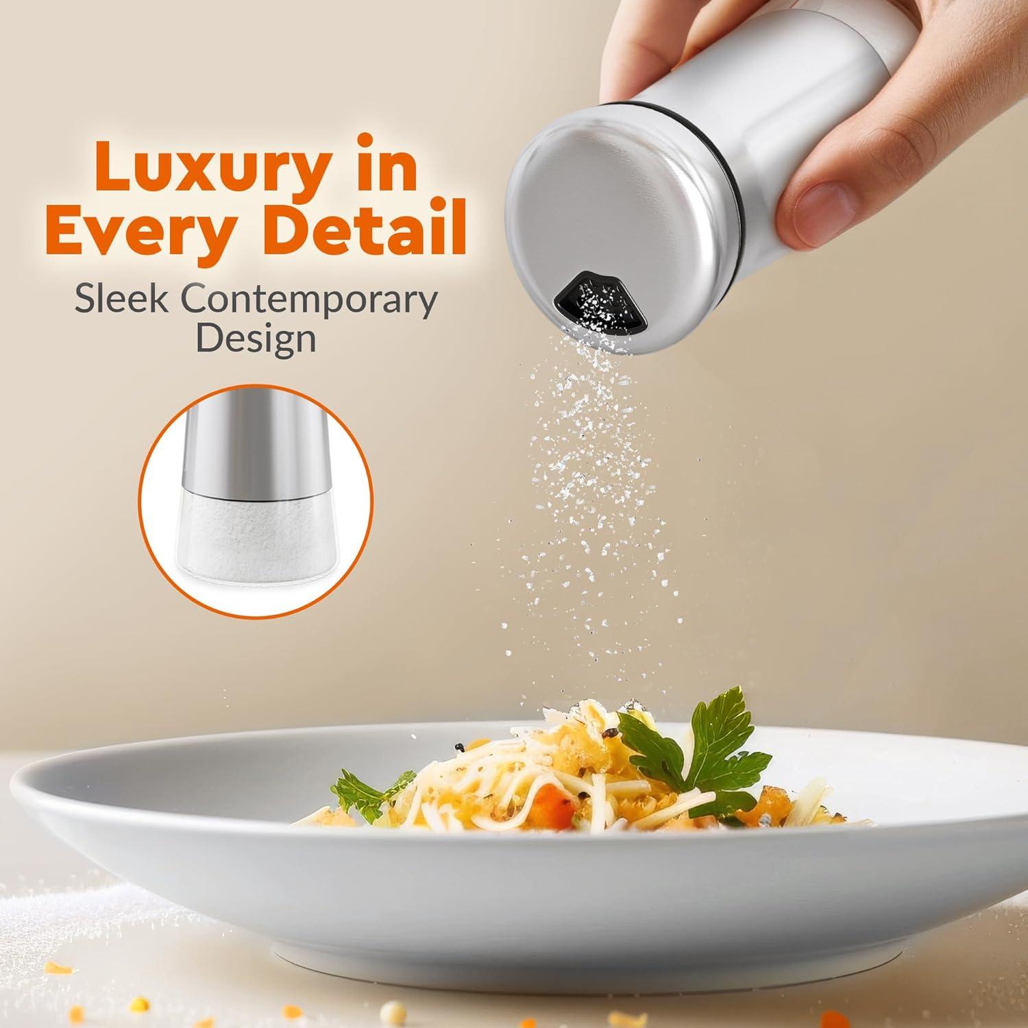 Home EC Salt and Pepper Shakers Set with Adjustable Pour Holes - Made of Elegant Stainless Steel and BPA Free Glass
