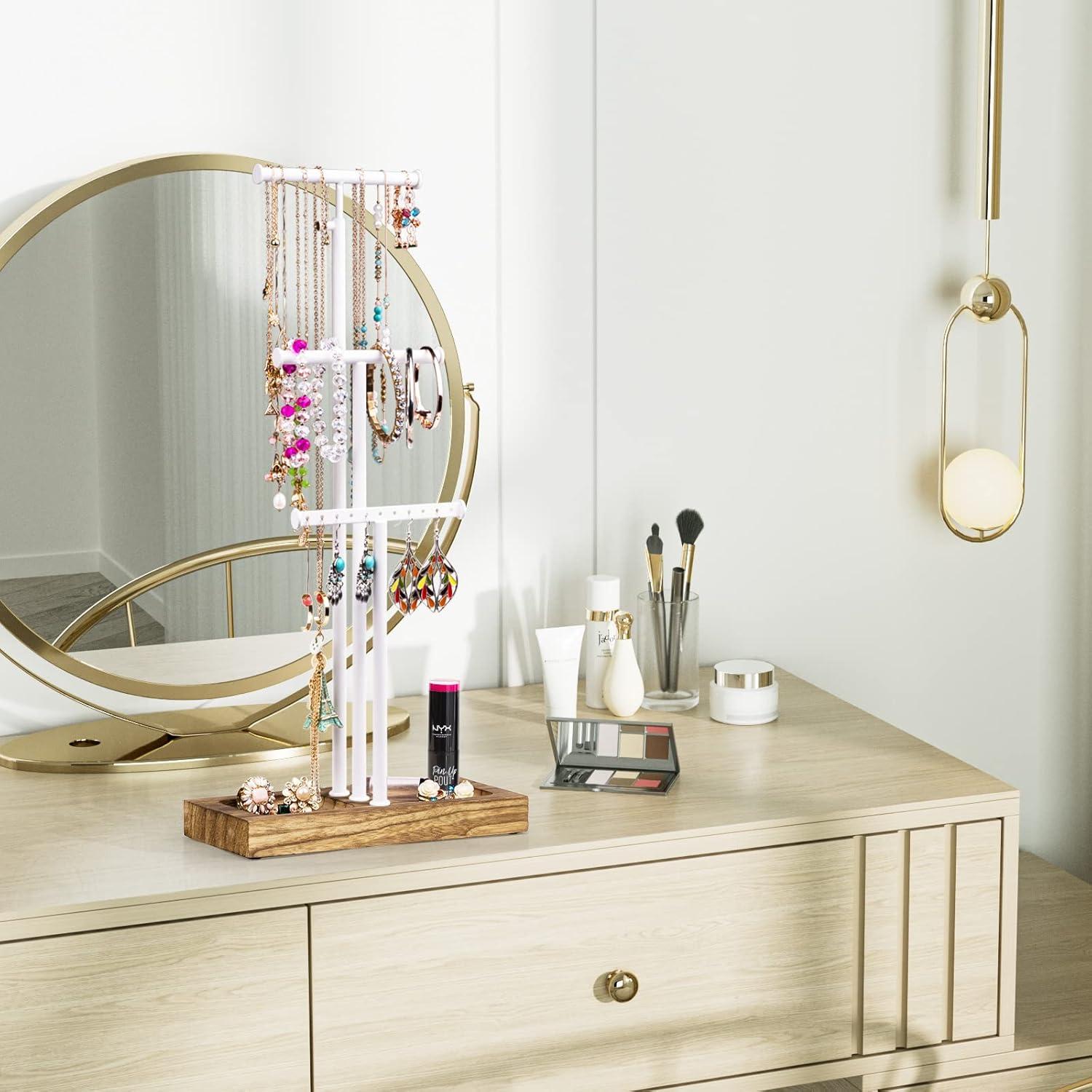 Jewelry Tree Stand White Metal and Wood Base Large Storage Jewelry Organizer for Necklaces Bracelets Earrings Holder Organizer Jewelry Display Mother's Day Gift White and White