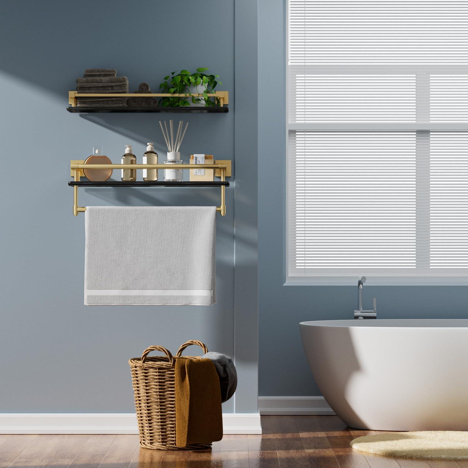 Alise Bathroom Glass Shelf Wall Mounted, Tempered Glass Bathroom Shelf with Towel Bar, SUS304 Stainless Steel Modern Floating Shelf, Brushed Gold, 20 inch