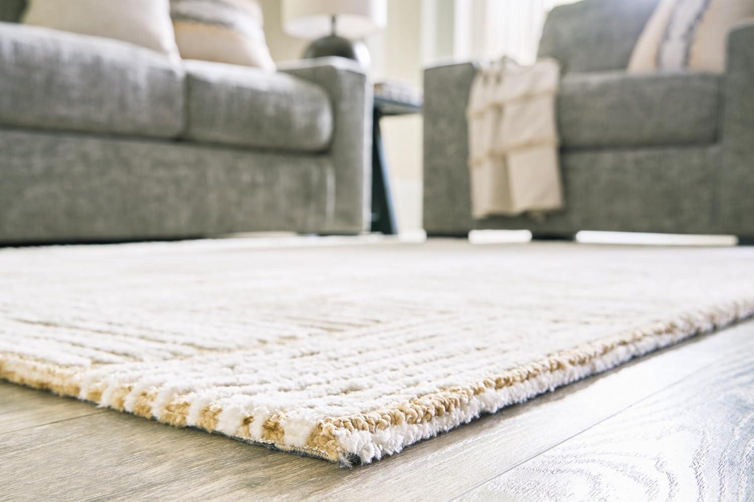 Benjara Aden 8 X 10 Large Area Rug, Handwoven Basket Weave Design, Beige Polyester