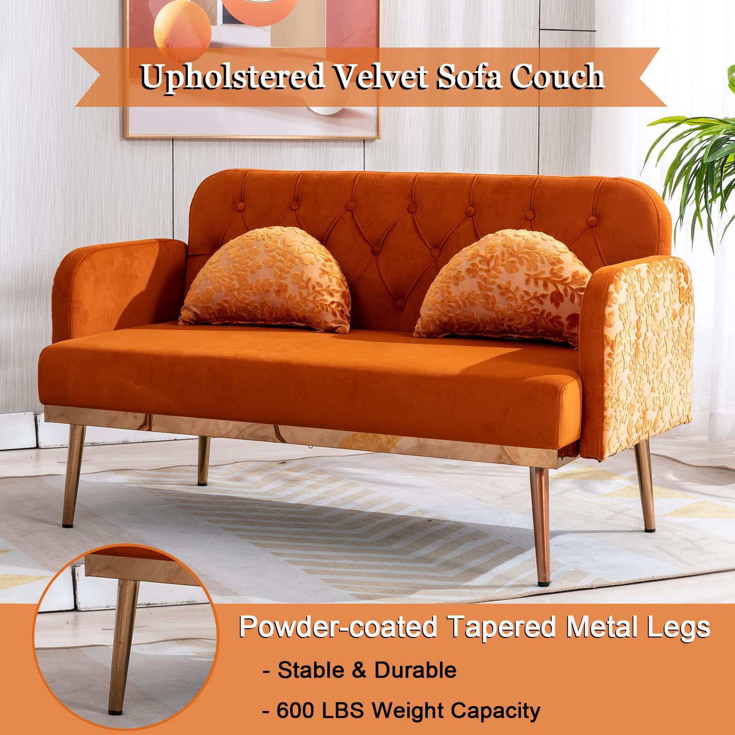 55" Velvet Sofa with 2 Pillows and Golden Metal Legs,Twin Size Loveseat Accent Couch with Button Tufted Backrest and Armrests, Living Room Sofa