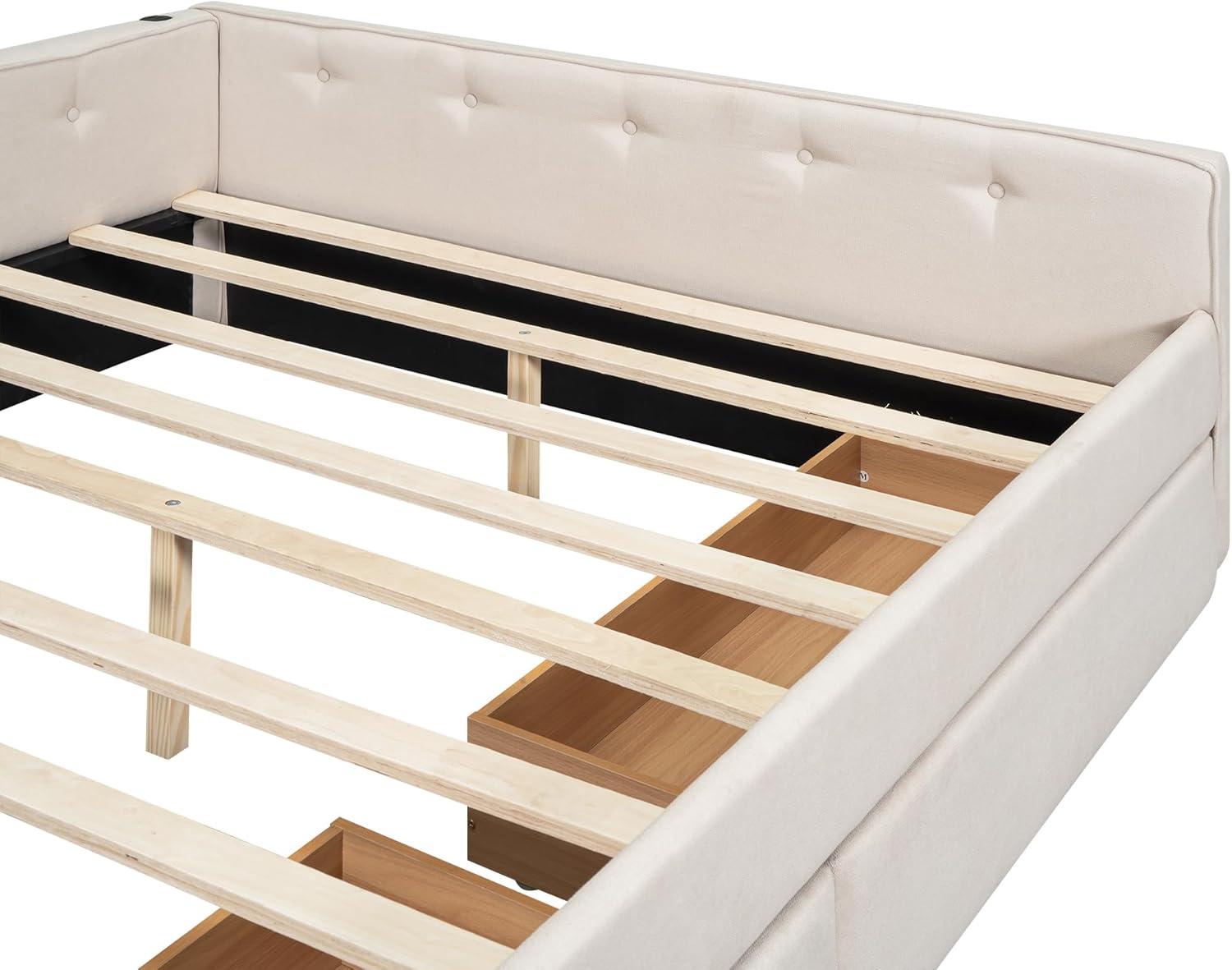 DreamBuck Queen Size Daybed with 2 Drawers, Wood Upholstered Bed Frame with USB Port and Storage, Linen Fabric Daybed, Queen Bed Frames for Bedroom, Living Room, No Box Spring Needed