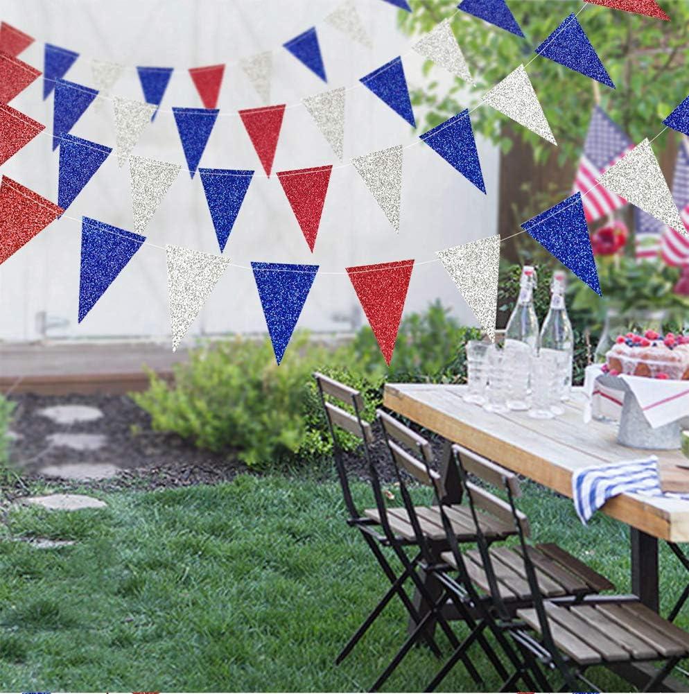 Red Blue Silver/White National Day Patriotic Triangle Flag Banner Fourth/4th of July USA American Independence Day Celebration Party Garland Hanging Decoration for Birthday/Baby Shower