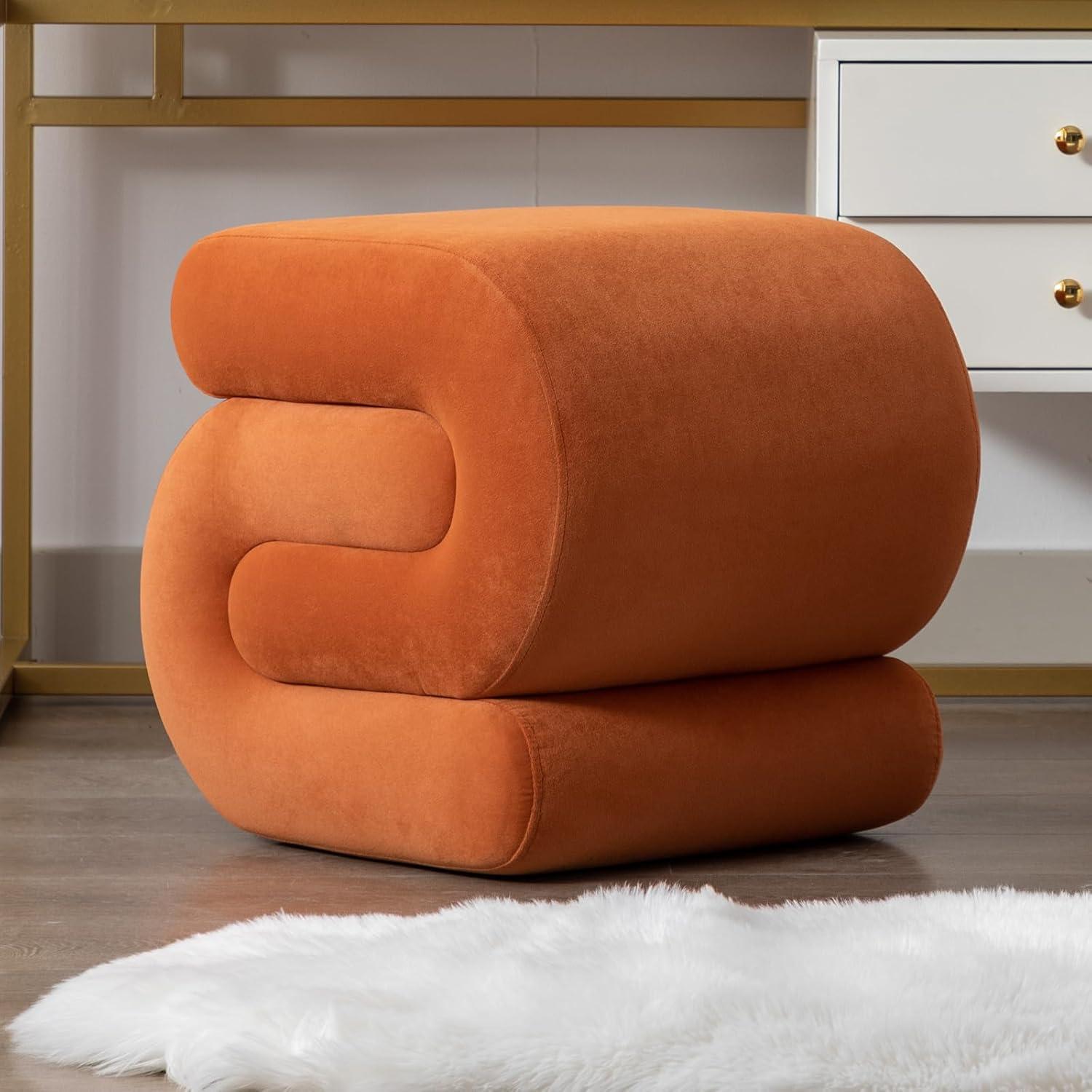 Foot Stool, Modern S-Shape Velvet Ottoman Makeup Chair Footstool Under Desk, Upholstered Extra Seating for Living Room, Bedroom, Entryway, Office (Orange)