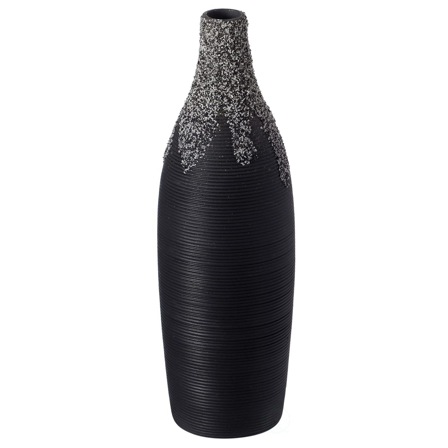 Uniquewise 9 Inch Modern Decorative Ceramic Table Vase Ripped Design Bottle Shape Flower Holder, Black