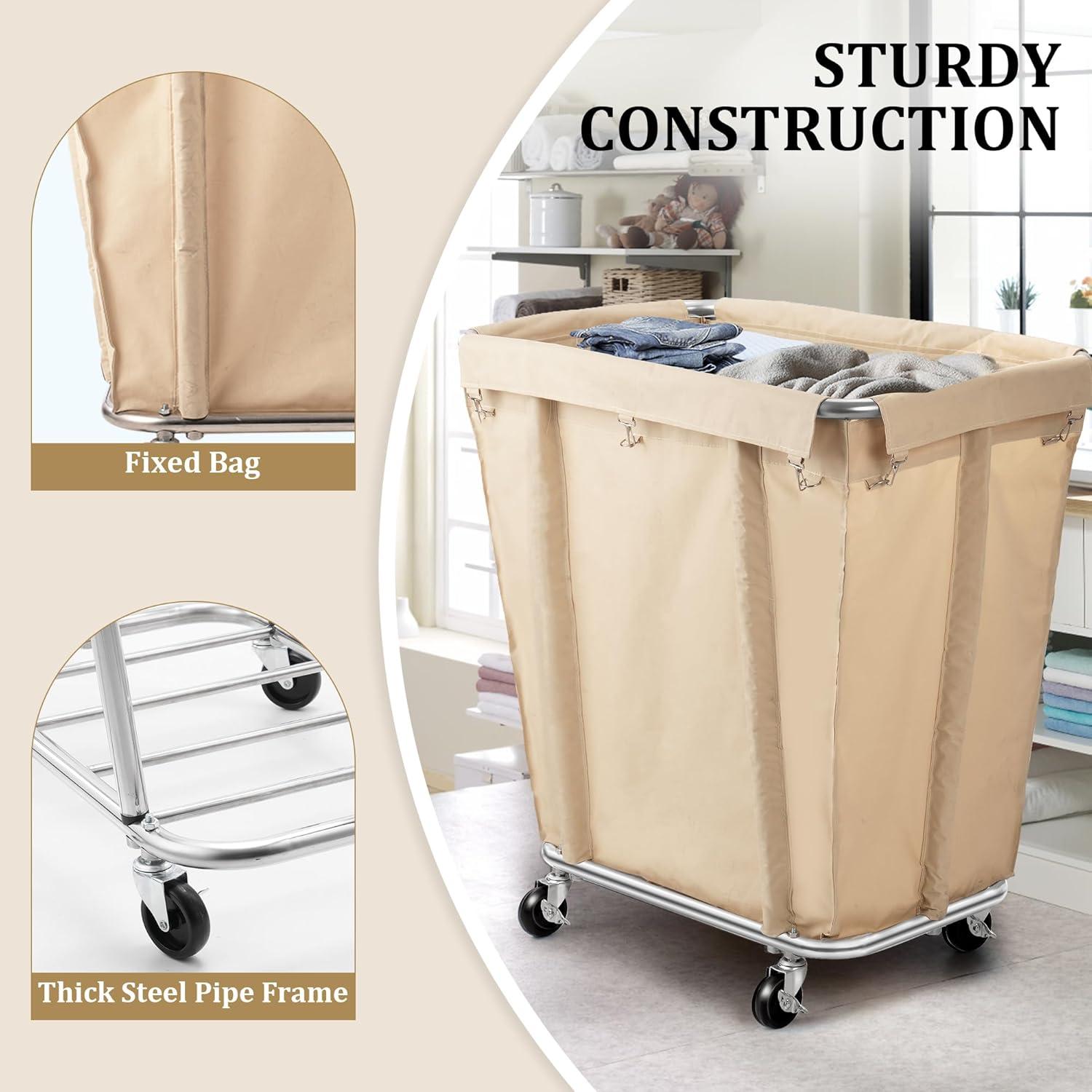 Rengue Commercial Laundry Cart with Wheels, 320L Capacity Laundry Sorter Rolling Laundry Hamper with Waterproof Oxford Basket and Sturdy Steel Frame, 260 lbs Load, Beige