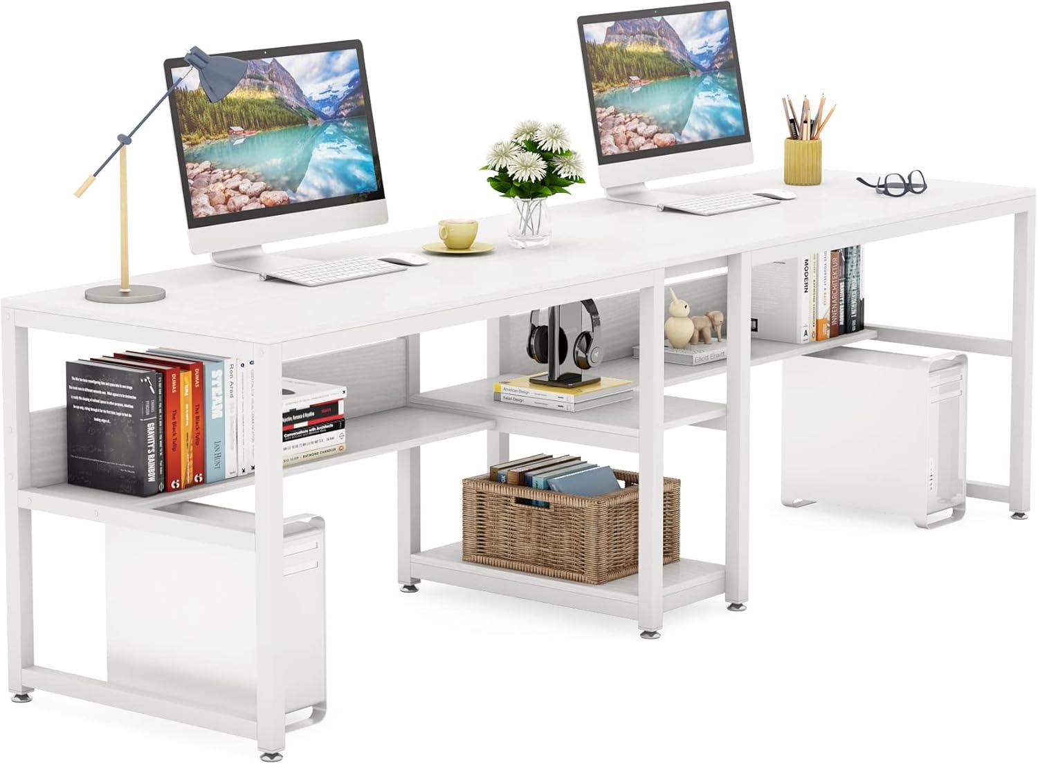 Tribesigns Two Person Desk with Bookshelf, 78.7 Computer Office Double Desk, Writing Desk Workstation with Shelf for Home Office