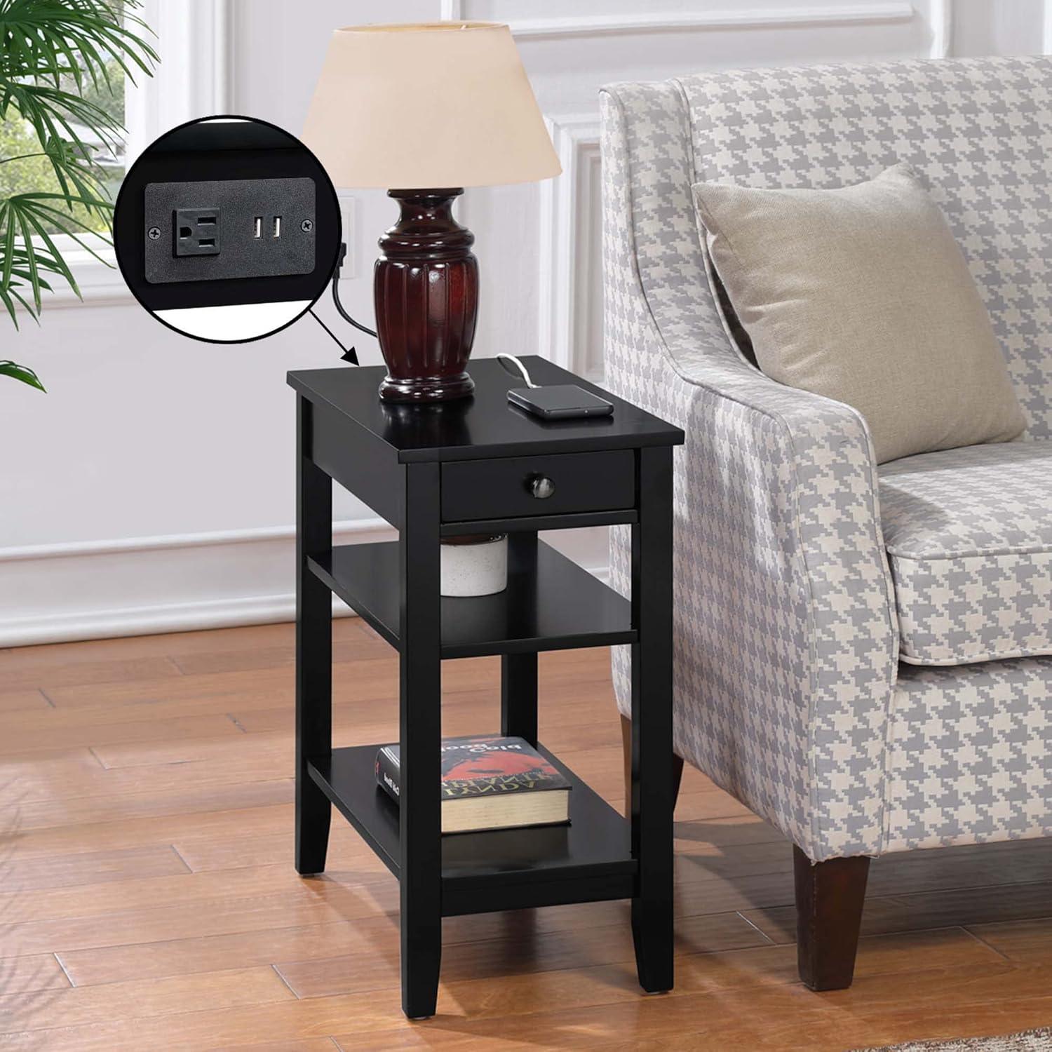 Convenience Concepts American Heritage 1 Drawer Chairside End Table with Charging Station and Shelves, Black