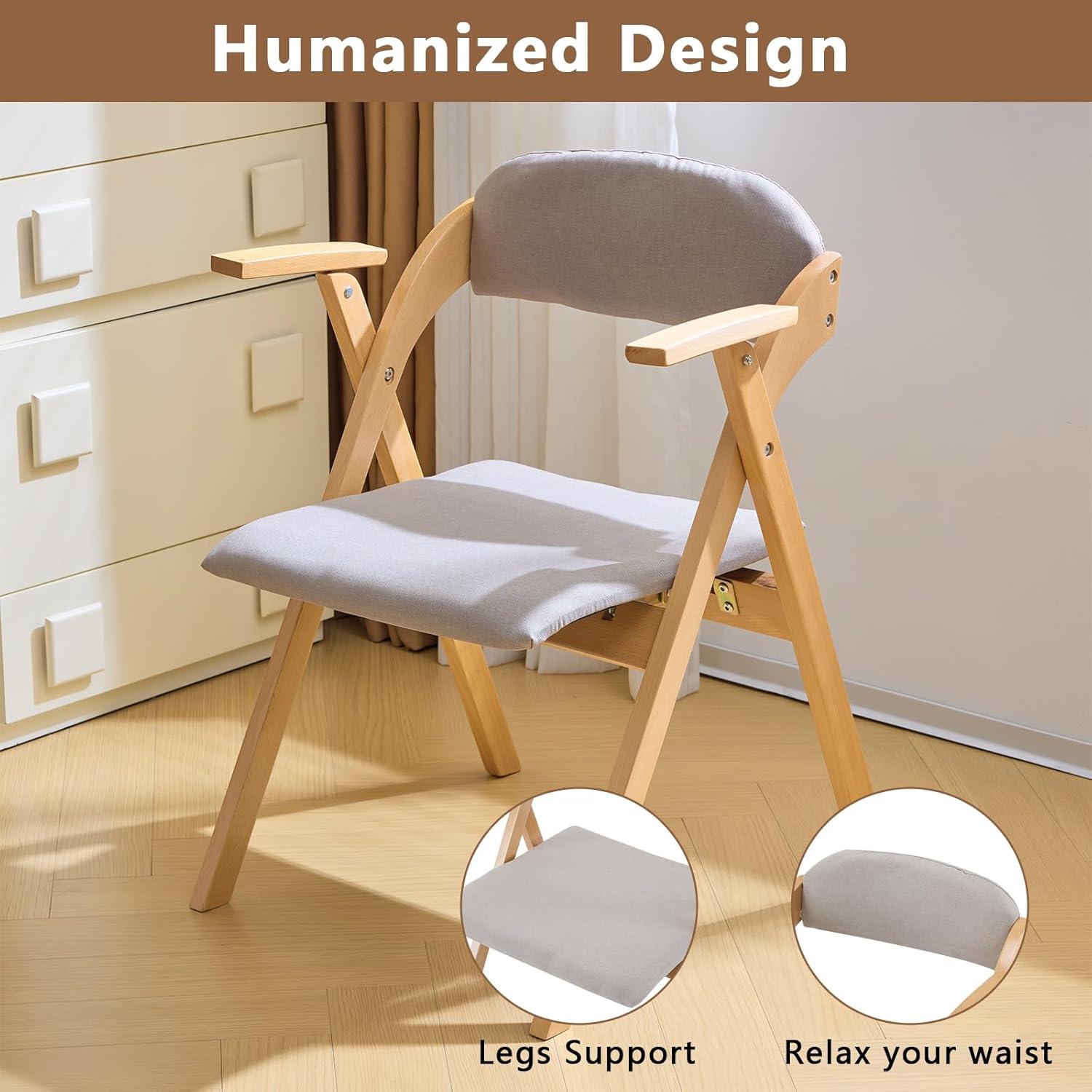 IVV Set of 2 Wooden Folding Chairs with Padded Seats and Backrests, Beechwood Frame Portable Chairs with Light Gray PU Leather Cushion