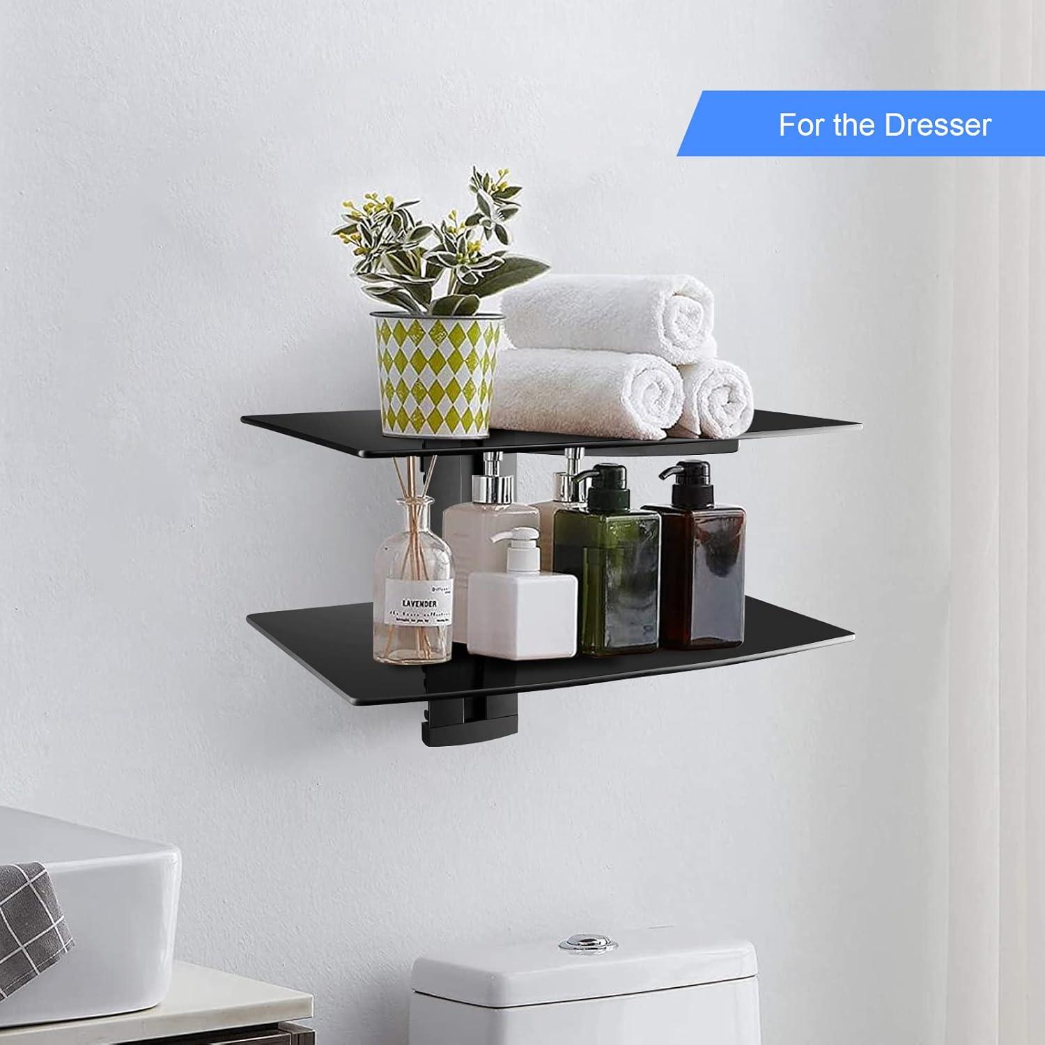 Suptek Glass Floating Shelves, TV Wall Mount with Shelf for DVD Player / PS4 / Cable Boxes/Game Consoles/Sky Box/TV Accessories, Flat Black 2-Tier Wall Mount Bracket