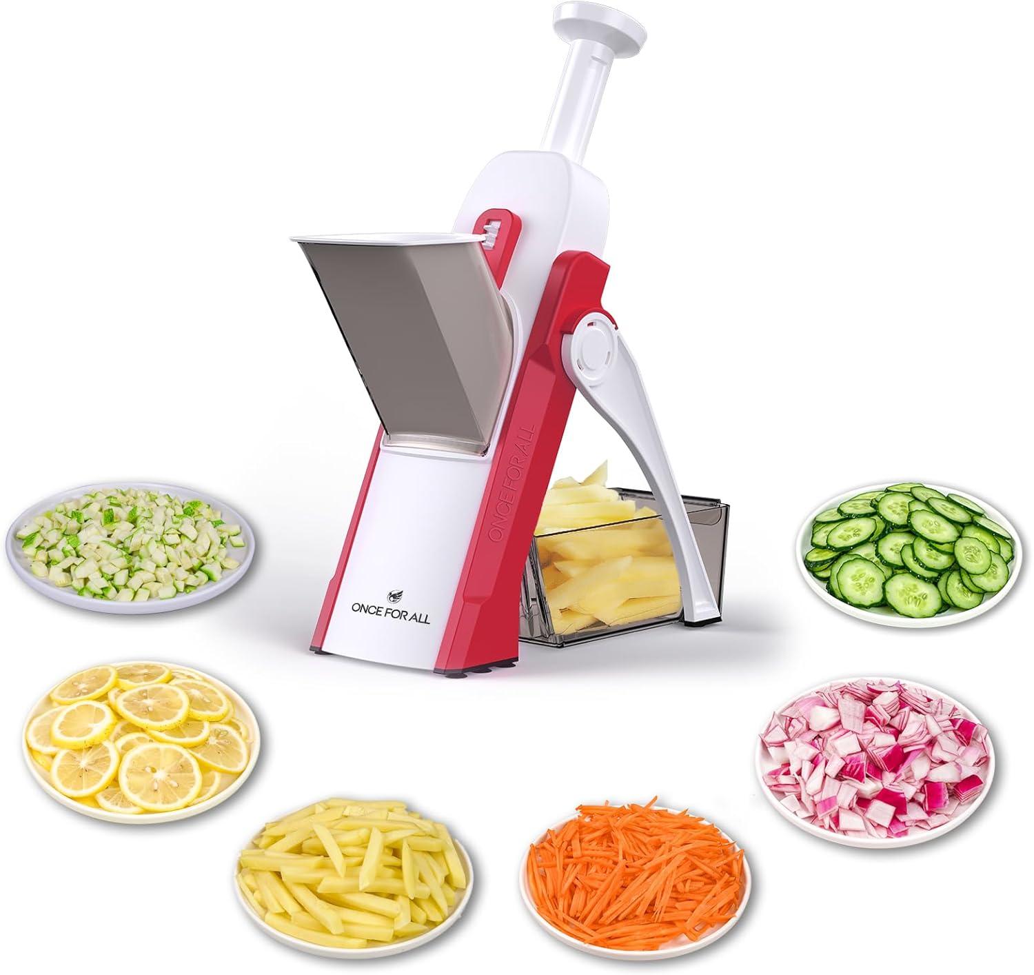 Red and White Multipurpose Manual Vegetable Slicer with Stainless Steel Blades