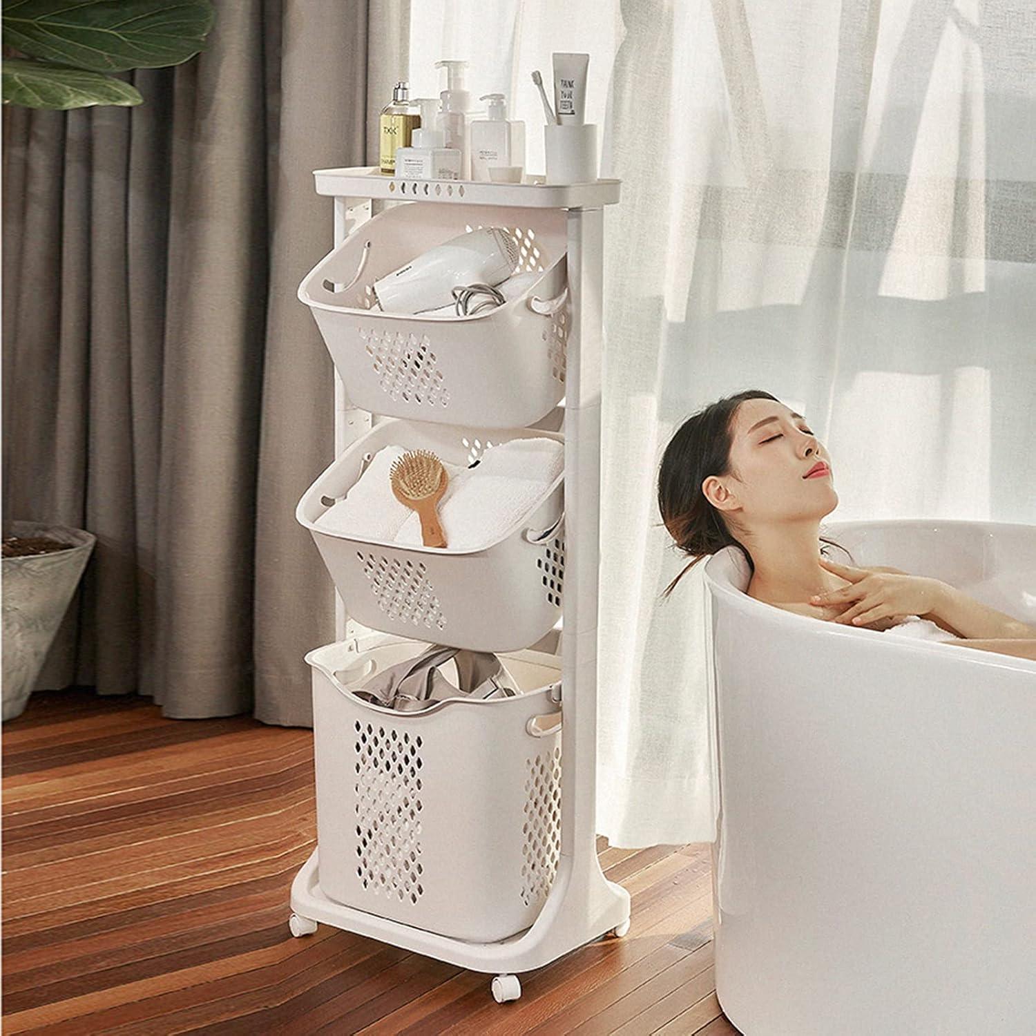 White 3-Tier Plastic Rolling Laundry Hamper with Wheels