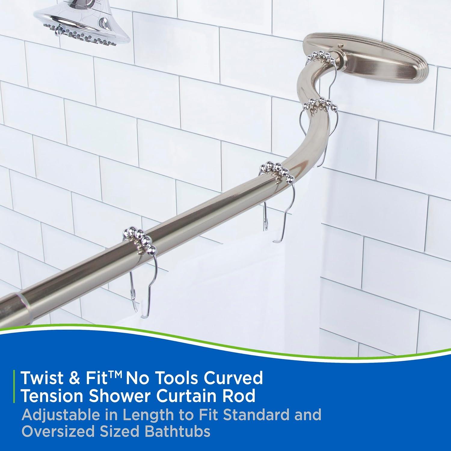 Kenney® Twist & Fit™ No Tools Curved Rust-Resistant Painted Steel Tension Shower Curtain Rod, 57-72", Brushed Nickel