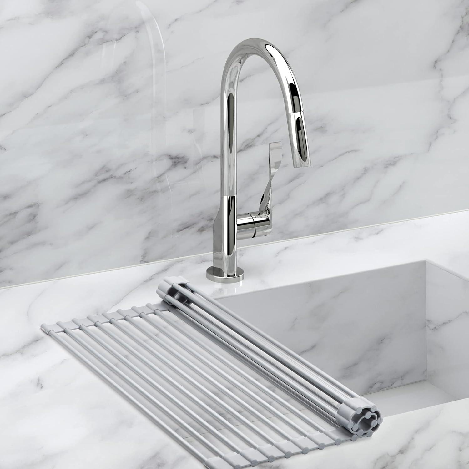 White and Stainless Steel Roll-Up Over-Sink Dish Drying Rack