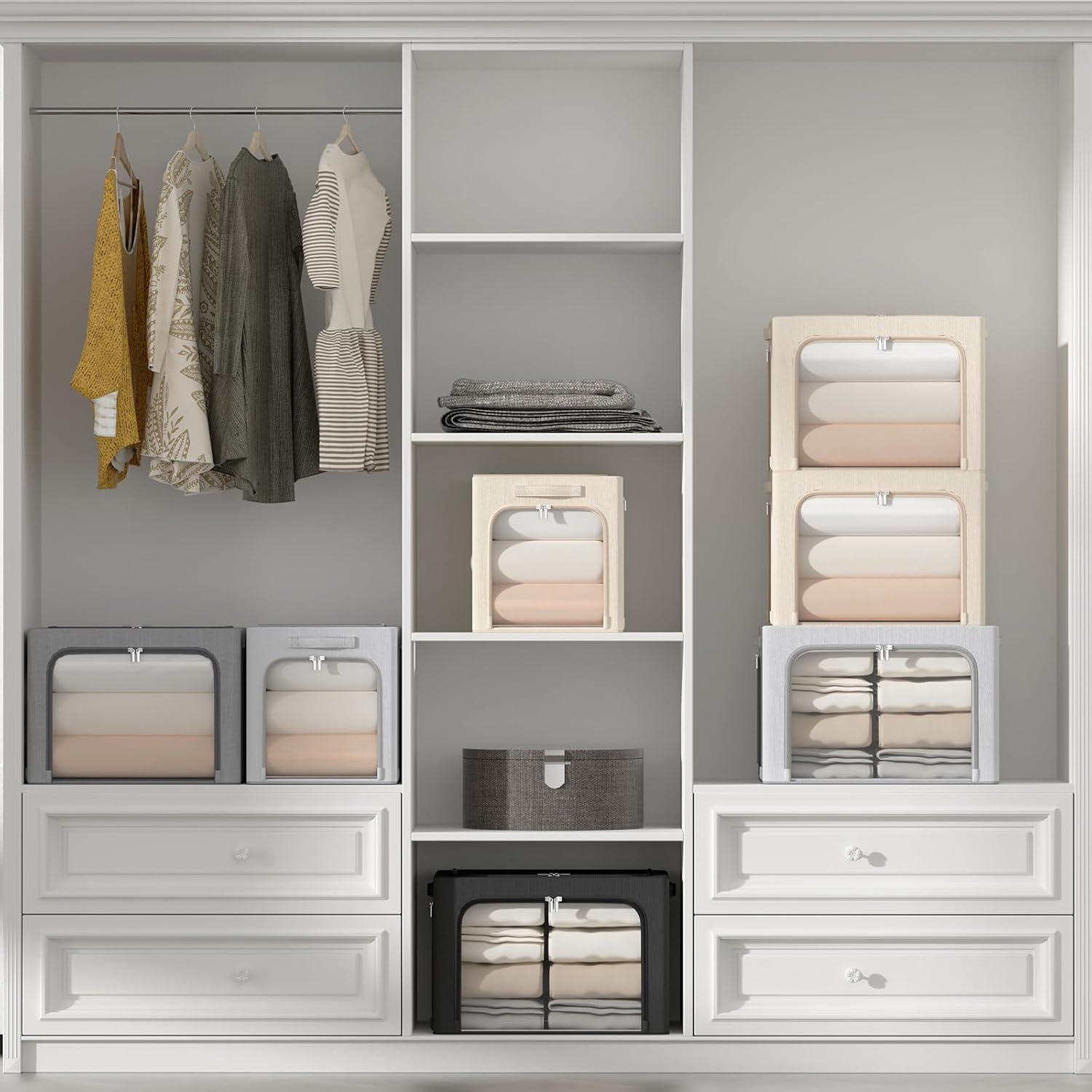 3 Openings Clothes Storage Bins With Metal Frame, Foldable Storage Bin For Clothes, Clothing Storage Bins With Lid, Linen Storage Box With Clear Window& Zippers& Durable Handles.(3 Pcs,Light Grey,40L)