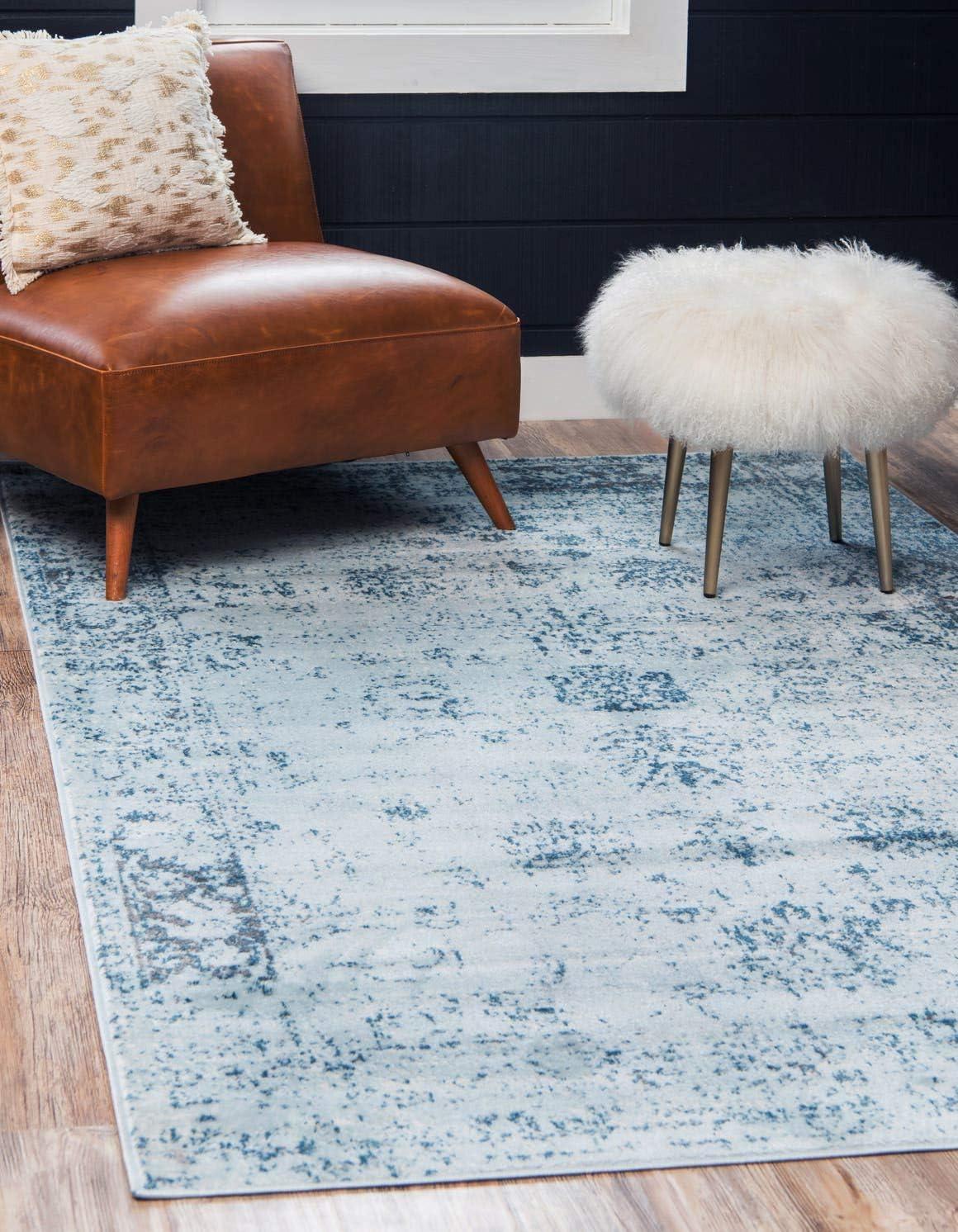 Light Blue Rectangular Easy-Care Synthetic Area Rug