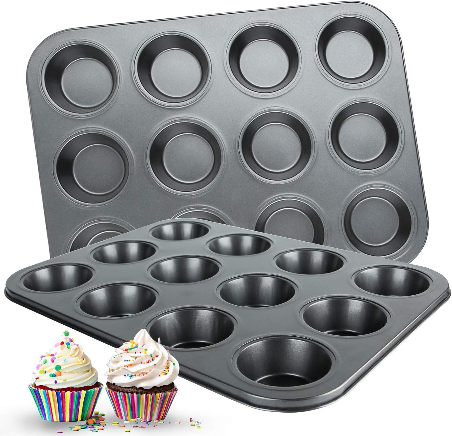 Muffin Pan, 12 Cupcake Pan, 2 Sets of Nonstick Brownie Bakeware Muffin Tin, Cupcake Tray, Baking Pan for Kitchen Oven, Black 13.9 x 10.5 x 1.2 inches