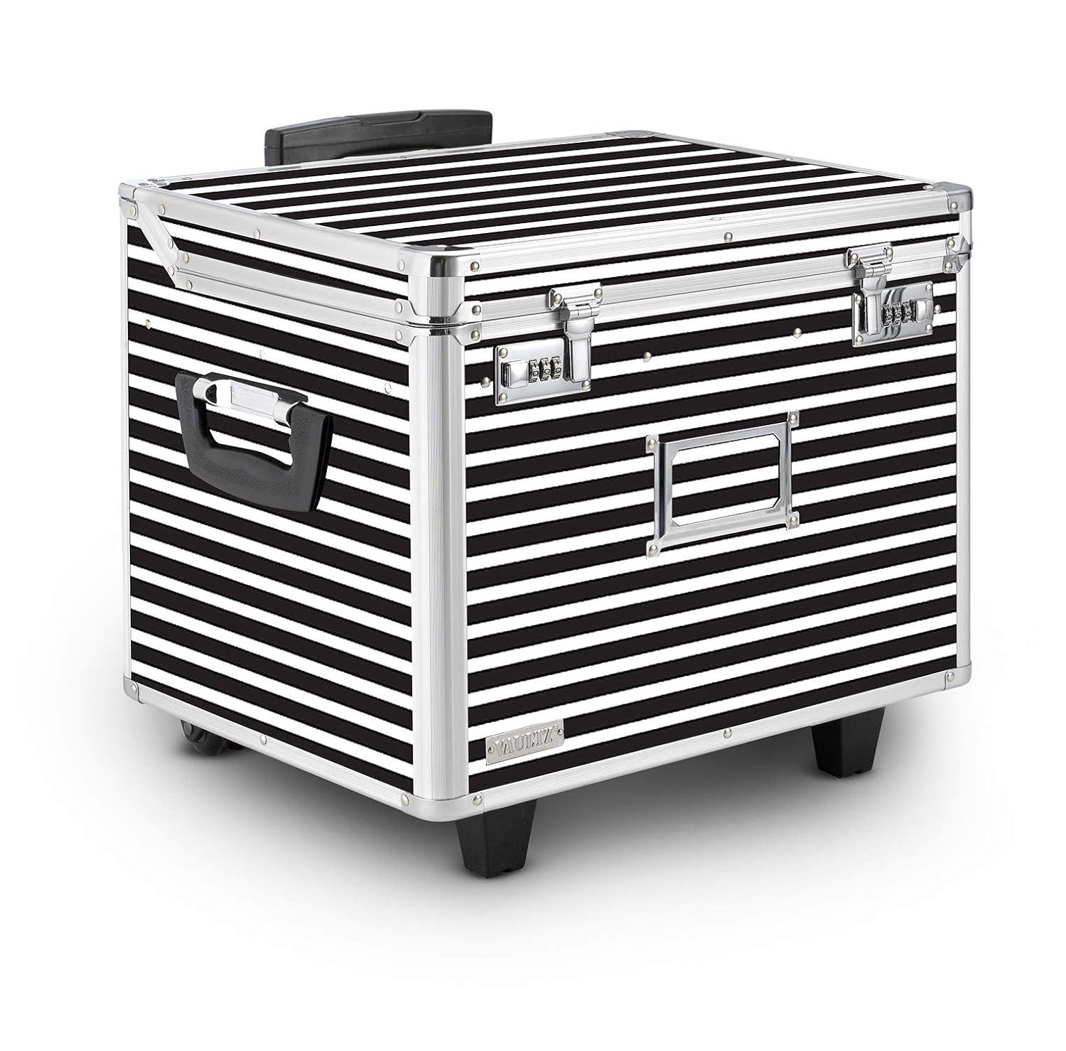Vaultz Locking Mobile Rolling File Storage Chest, Letter/Legal Wheelie Case, Black/White Stripes